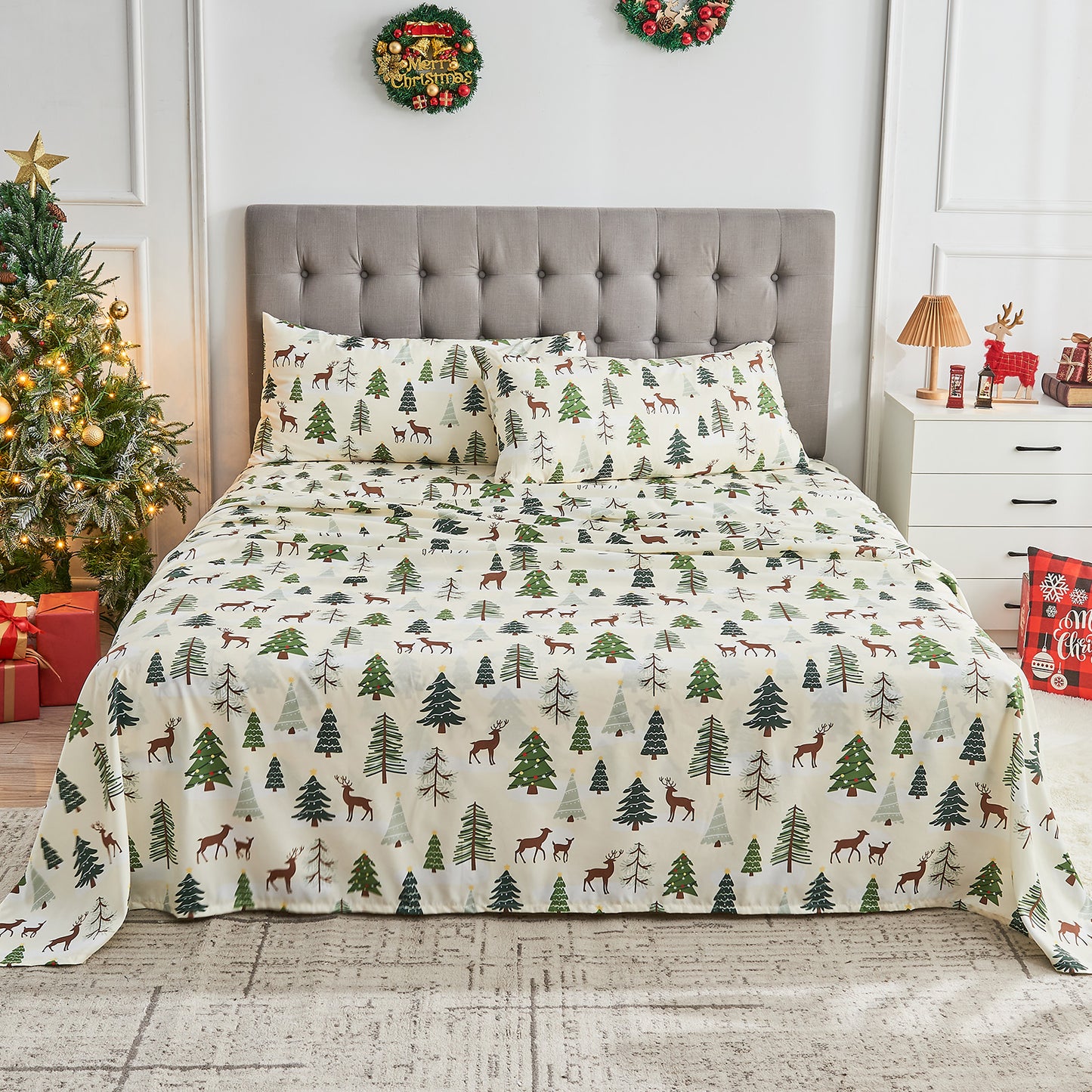 Gogreen 4 Pieces Printed Sheet Set Deep Pocket Fit 14", Breathable Microfiber Super Soft Sheet Set Cooling Sheets, Luxury Hotel Style Home Decor Bed Sheet Set, Gift for Women, Men