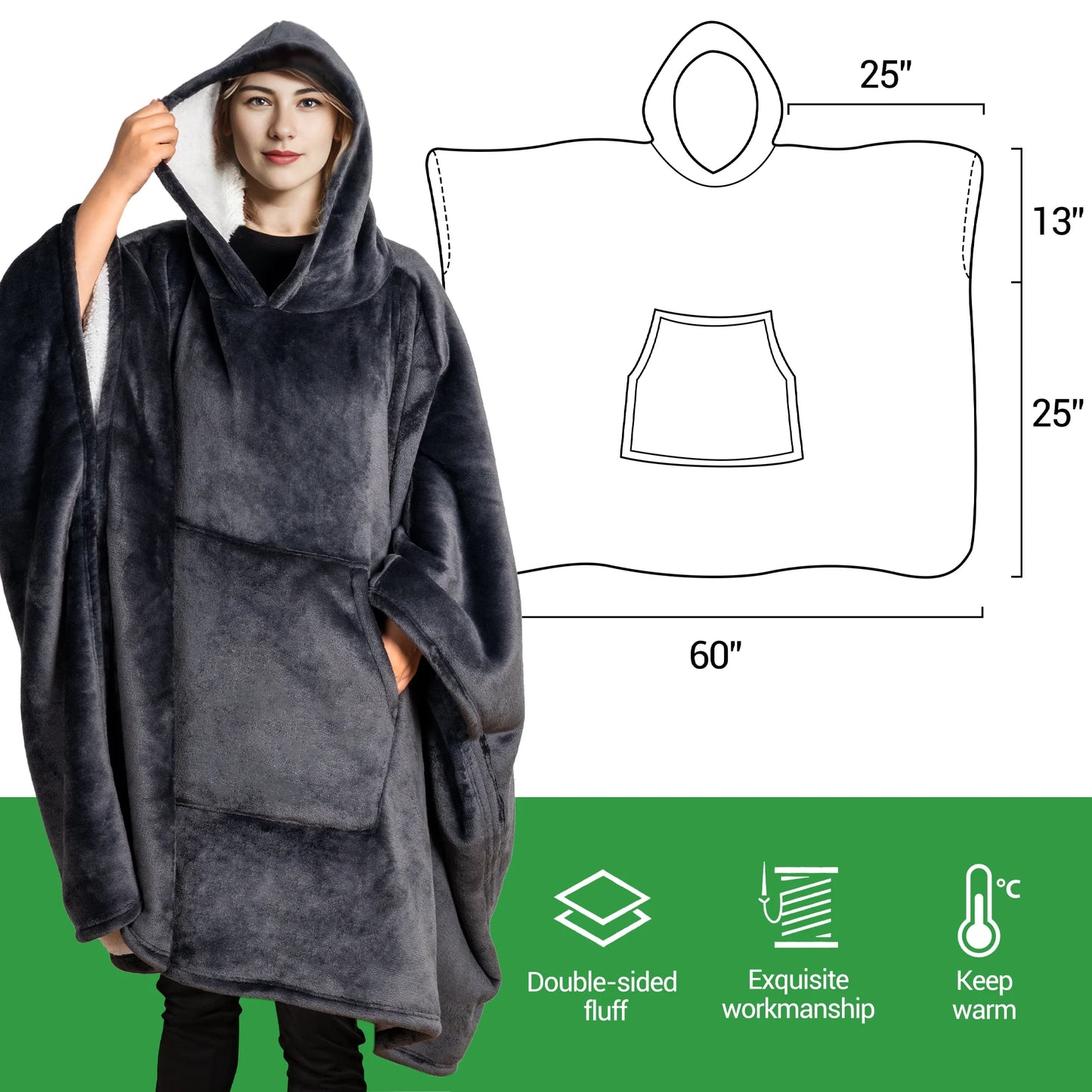 GOGREEN Original | Oversized Wearable Blanket Hoodie, Thick Sherpa Fleece Sweatshirt Hooded Blanket with Giant Hood Kangroo Pocket for Adults Women Men, One Size Fits All
