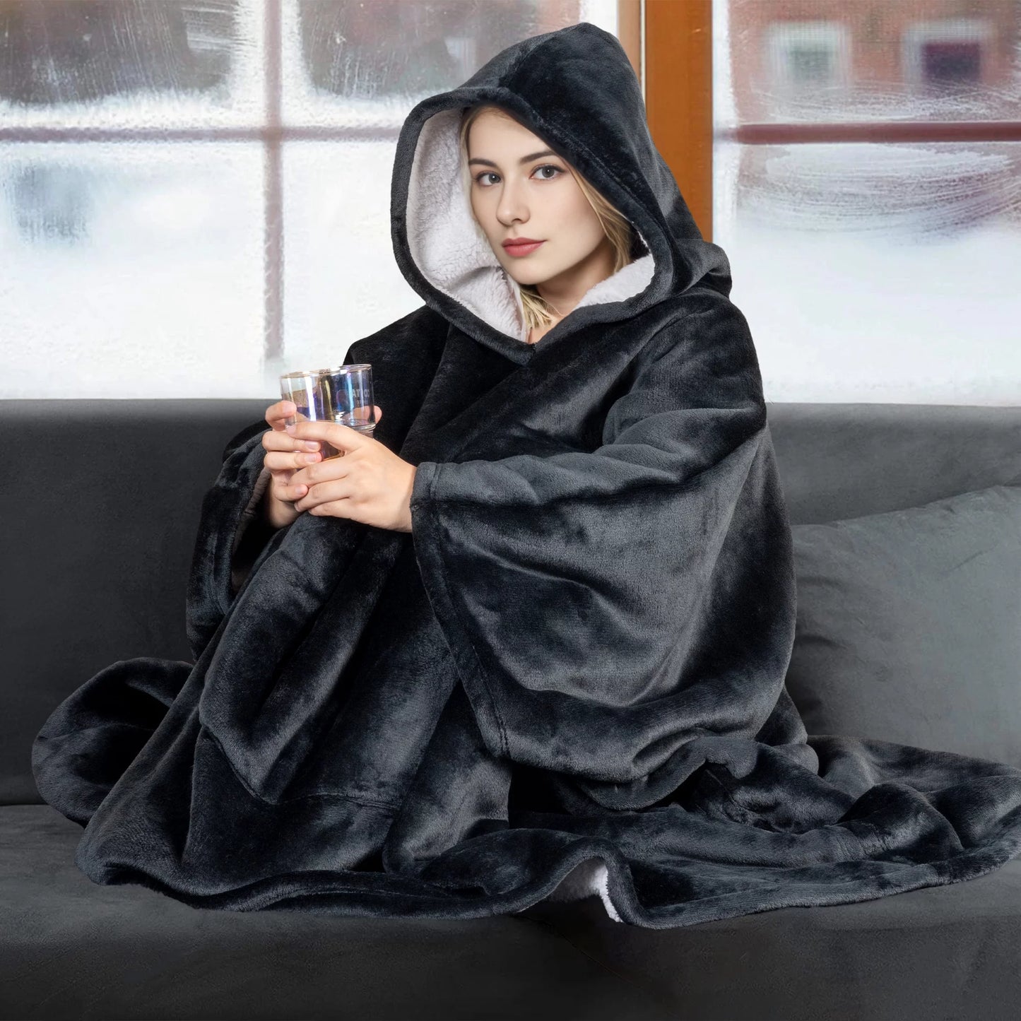 GOGREEN Original | Oversized Wearable Blanket Hoodie, Thick Sherpa Fleece Sweatshirt Hooded Blanket with Giant Hood Kangroo Pocket for Adults Women Men, One Size Fits All