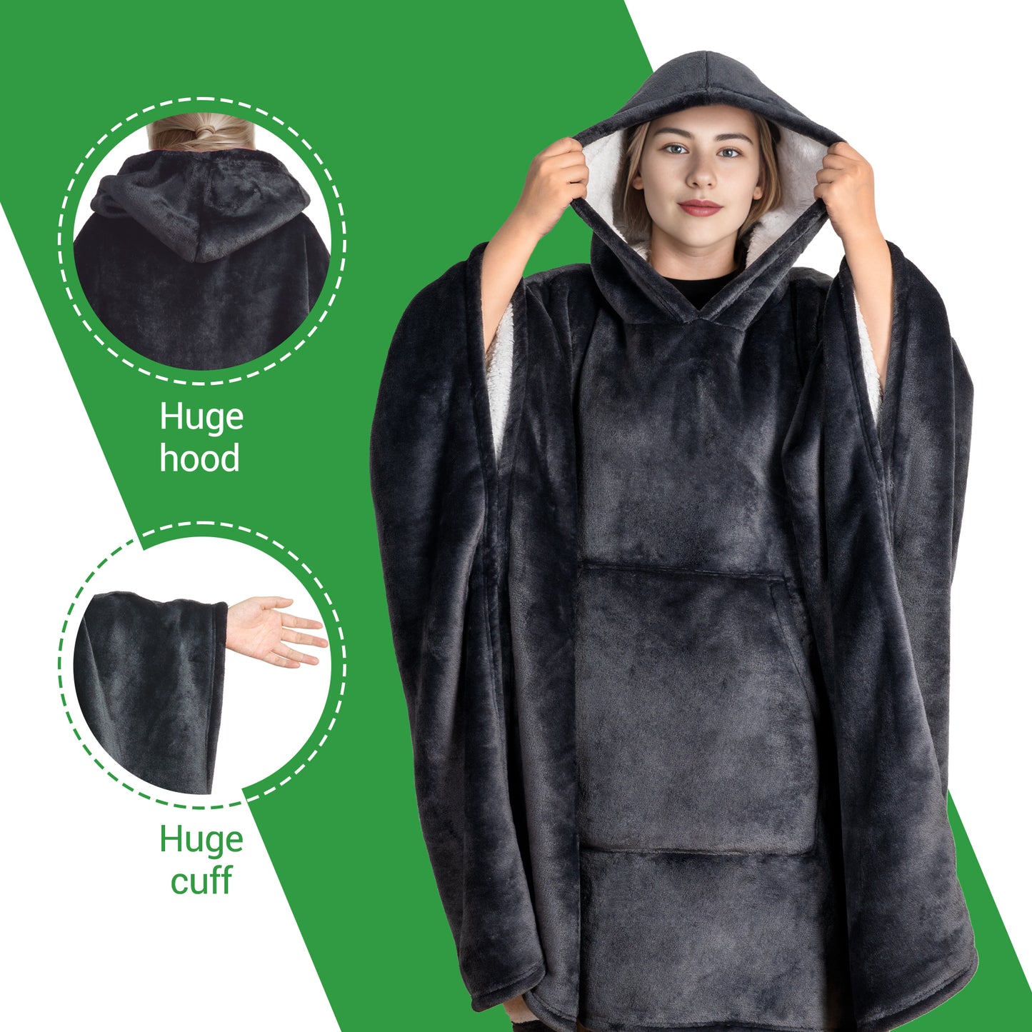 GOGREEN Original | Oversized Wearable Blanket Hoodie, Thick Sherpa Fleece Sweatshirt Hooded Blanket with Giant Hood Kangroo Pocket for Adults Women Men, One Size Fits All