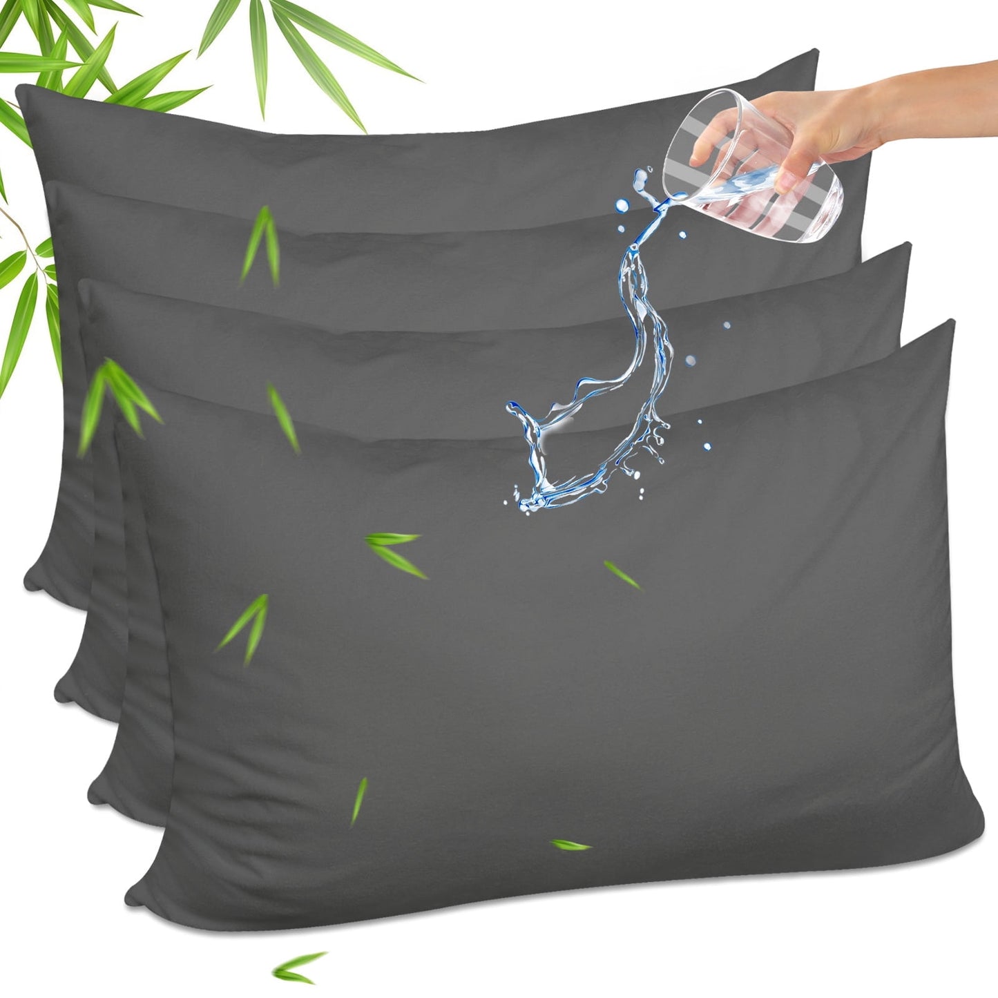 GOGREEN Bamboo Waterproof Pillow Protector, Breathable Pillow Cover, Cooling Pillow Case Protector with Zipper, Super Soft Terry Pillow Case Cover with Zipper (4 Packs, King 20x36, Dark Grey)