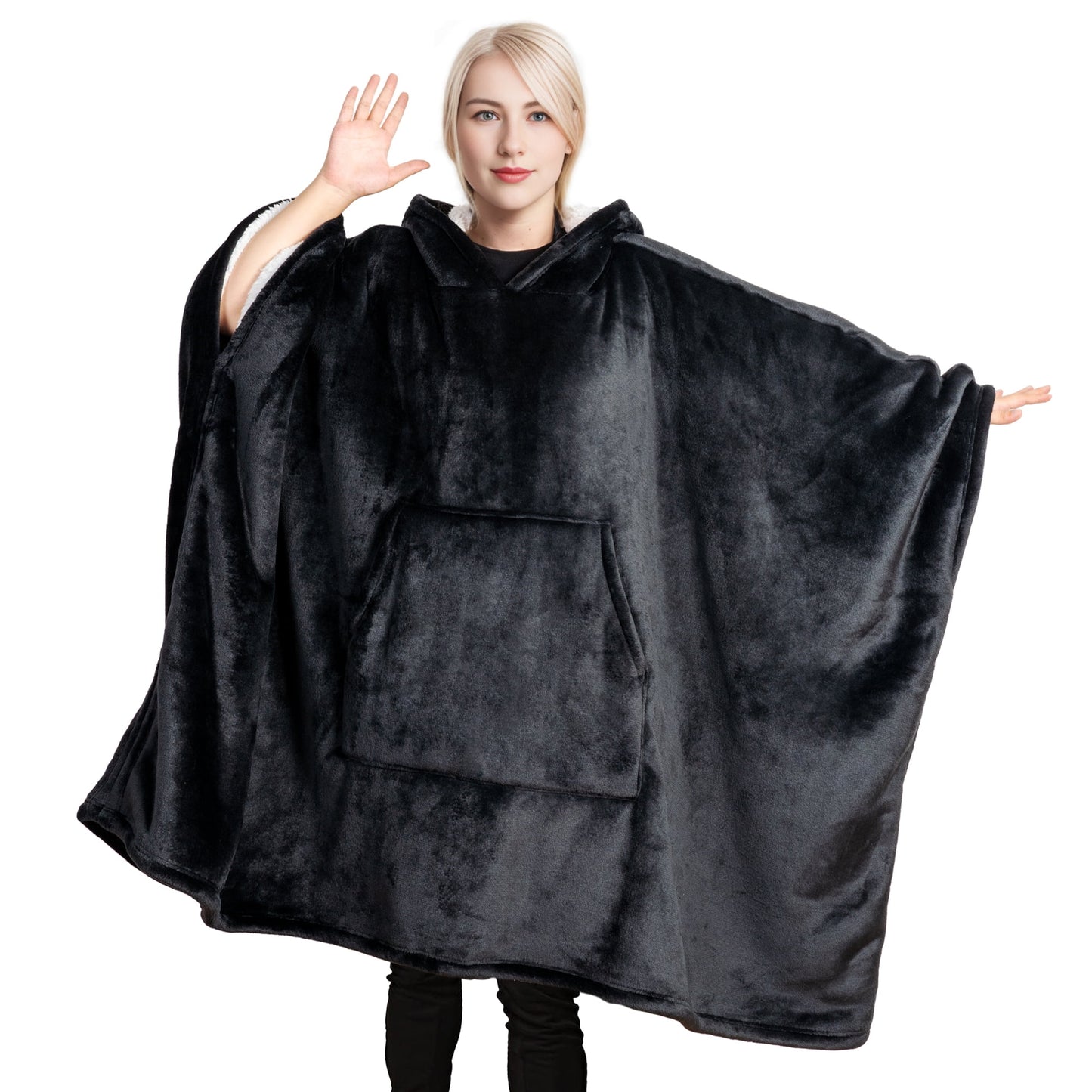 GOGREEN Oversized Wearable Blanket Hoodie, Thick Sherpa Fleece Sweatshirt Hooded Blanket with Giant Hood Kangroo Pocket for Adults Women Men, One Size Fits All (Black)