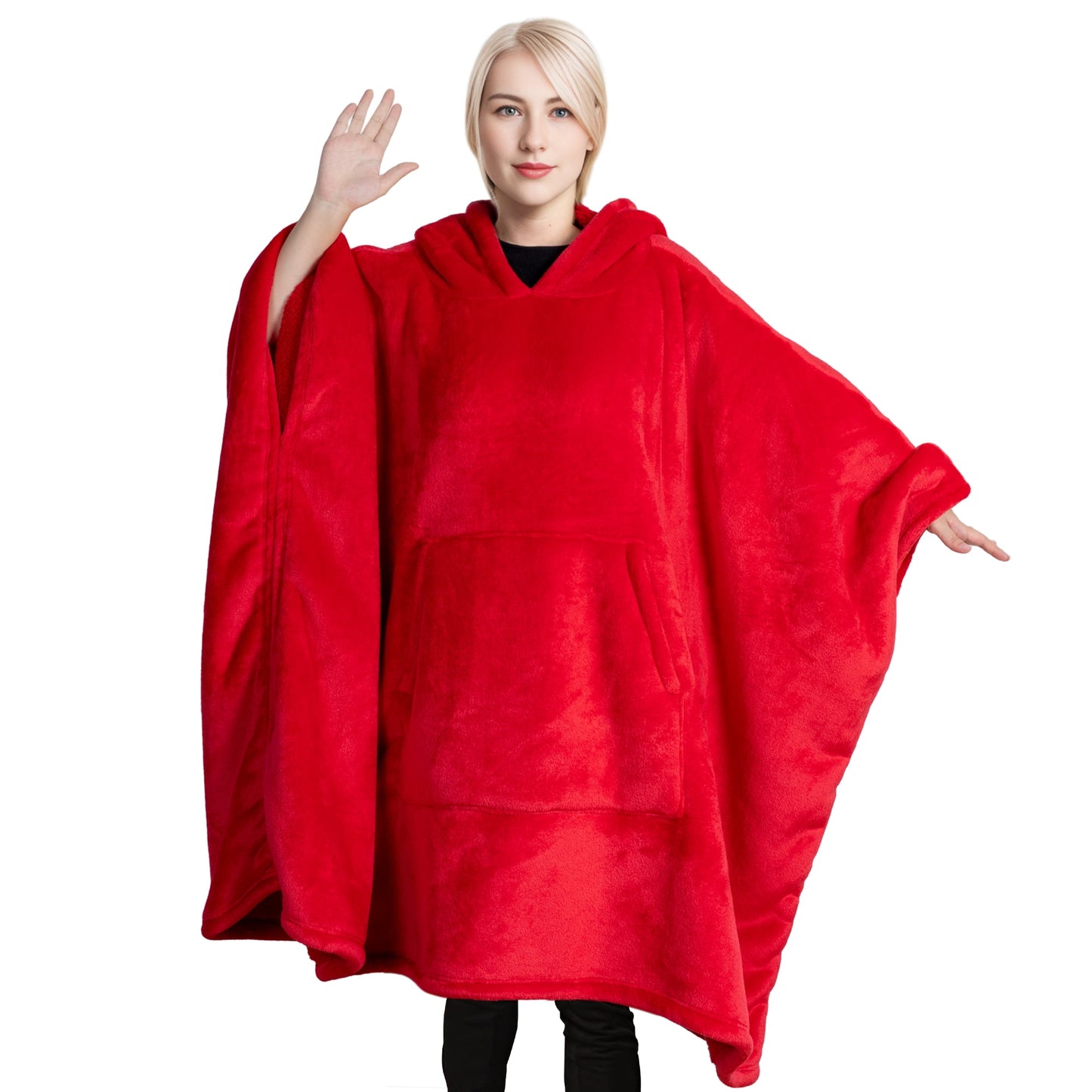 GOGREEN Oversized Wearable Blanket Hoodie, Thick Sherpa Fleece Sweatshirt Hooded Blanket with Giant Hood Kangroo Pocket for Adults Women Men, One Size Fits All (Red)