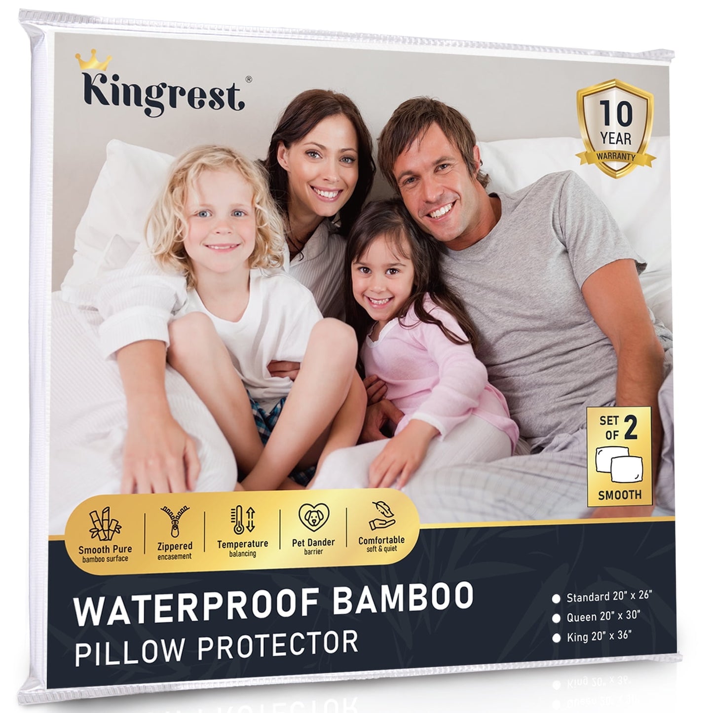 Kingrest Waterproof Pillow Protectors with Zipper, Cooling Bamboo Queen Size Bed Pillow Case Covers, Bed Bug Pillow Cover, Zippered Plastic Pillowcase (2 Packs, Queen 20x30)