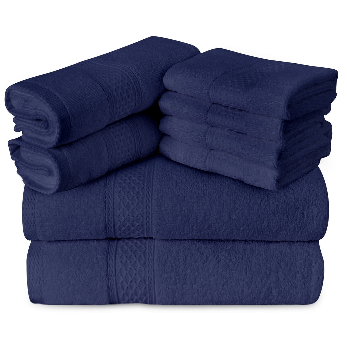 Gogreen 100% Cotton Bath Towel Sets of 8 Pieces, 2 Bath Towels 2 Hand Towels 4 Washcloths, Highly Absorbent Towels for Bathroom, Gym, Hotel (Dark Blue)