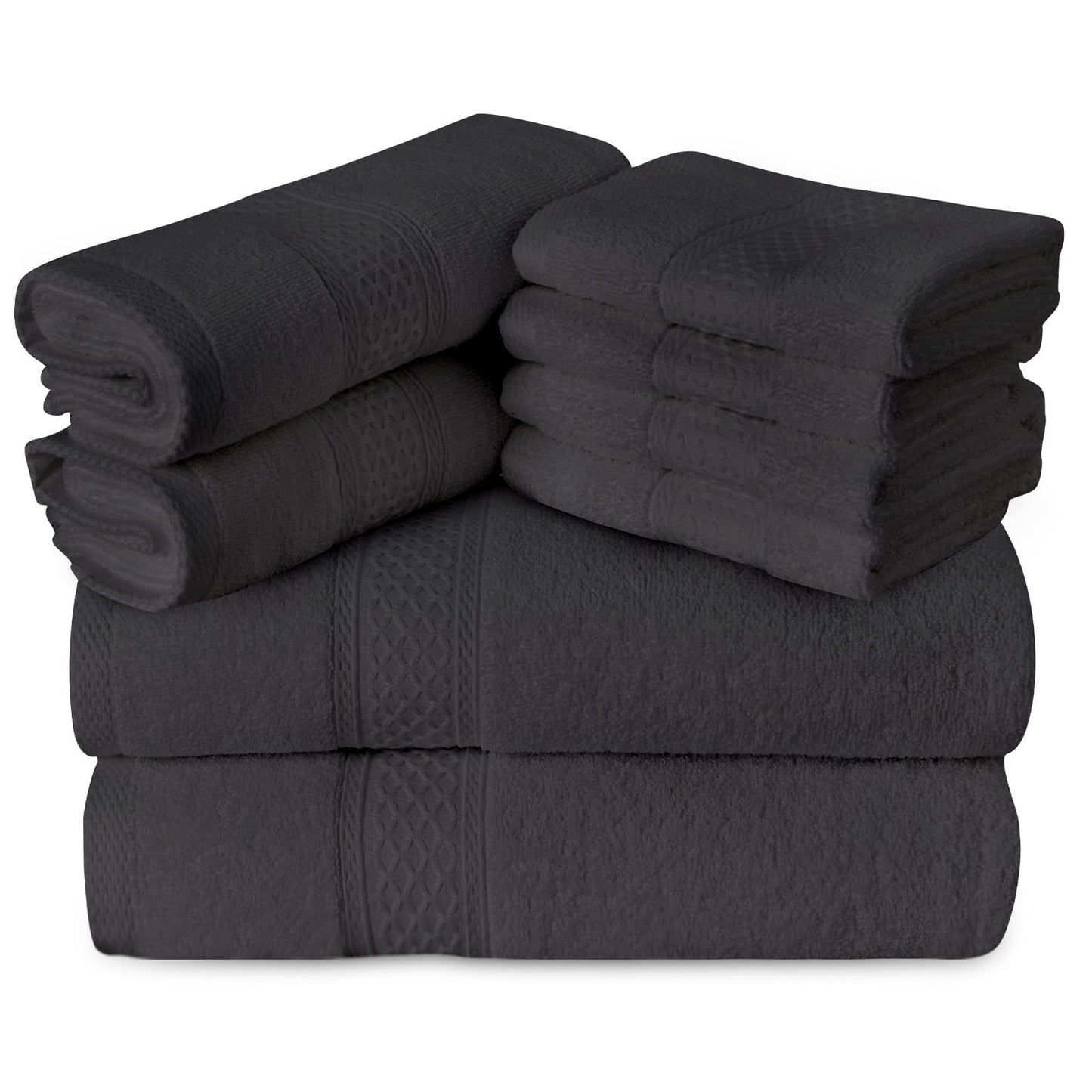 Gogreen 100% Cotton Bath Towel Sets of 8 Pieces, 2 Bath Towels 2 Hand Towels 4 Washcloths, Highly Absorbent Towels for Bathroom, Gym, Hotel (Dark Gray)