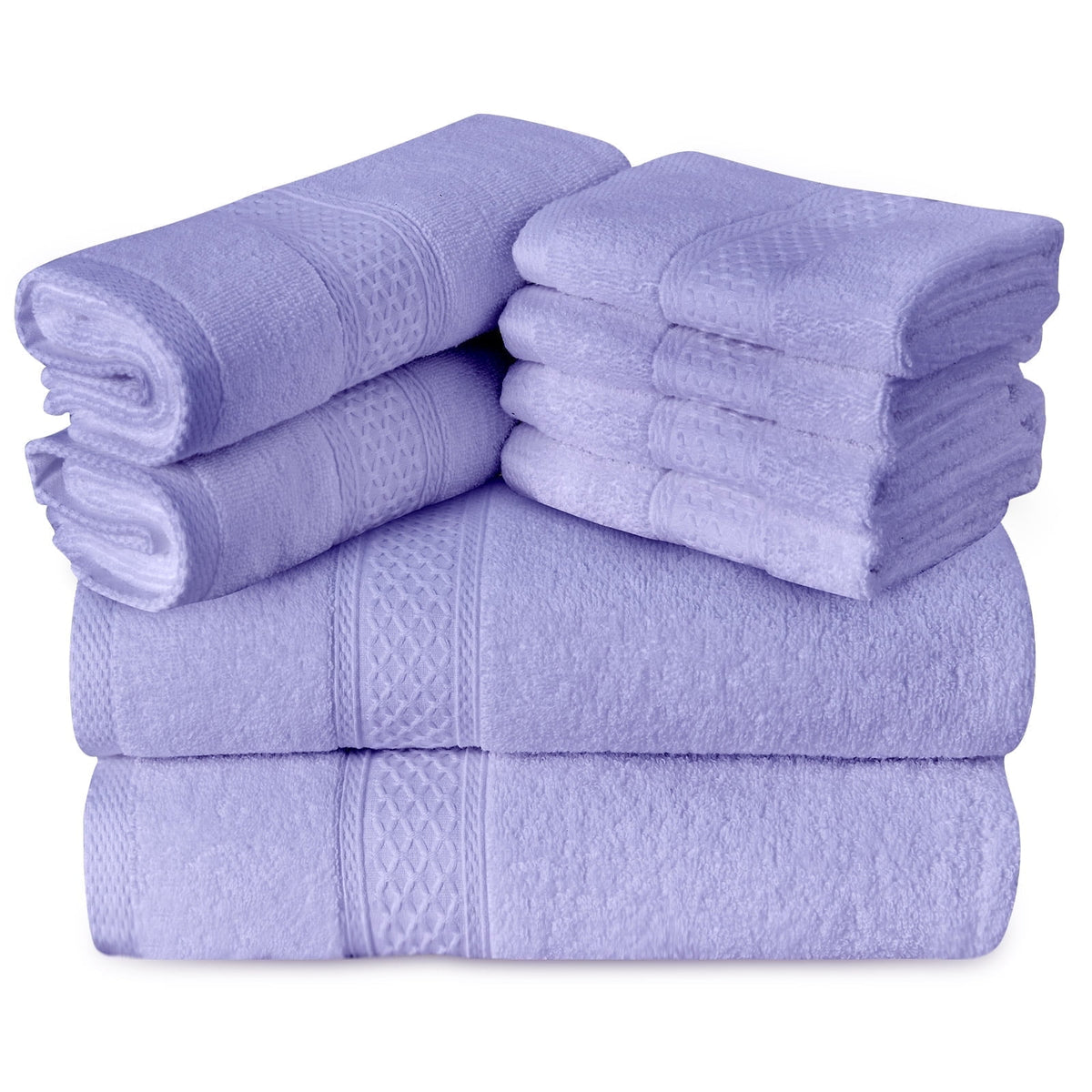 Gogreen 100% Cotton Bath Towel Sets of 8 Pieces, 2 Bath Towels 2 Hand Towels 4 Washcloths, Highly Absorbent Towels for Bathroom, Gym, Hotel (Light Purple)