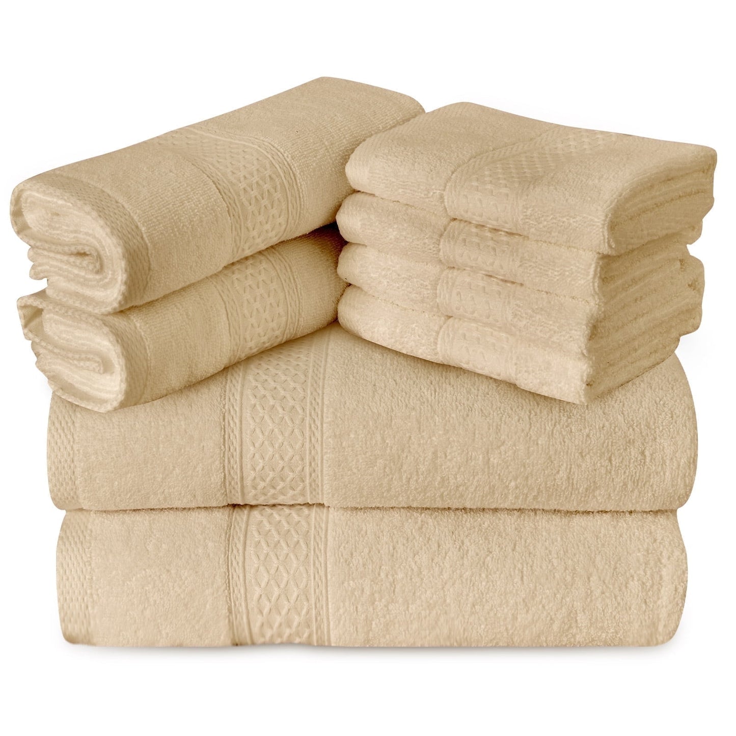 Gogreen 100% Cotton Bath Towel Sets of 8 Pieces, 2 Bath Towels 2 Hand Towels 4 Washcloths, Highly Absorbent Towels for Bathroom, Gym, Hotel (Beige)