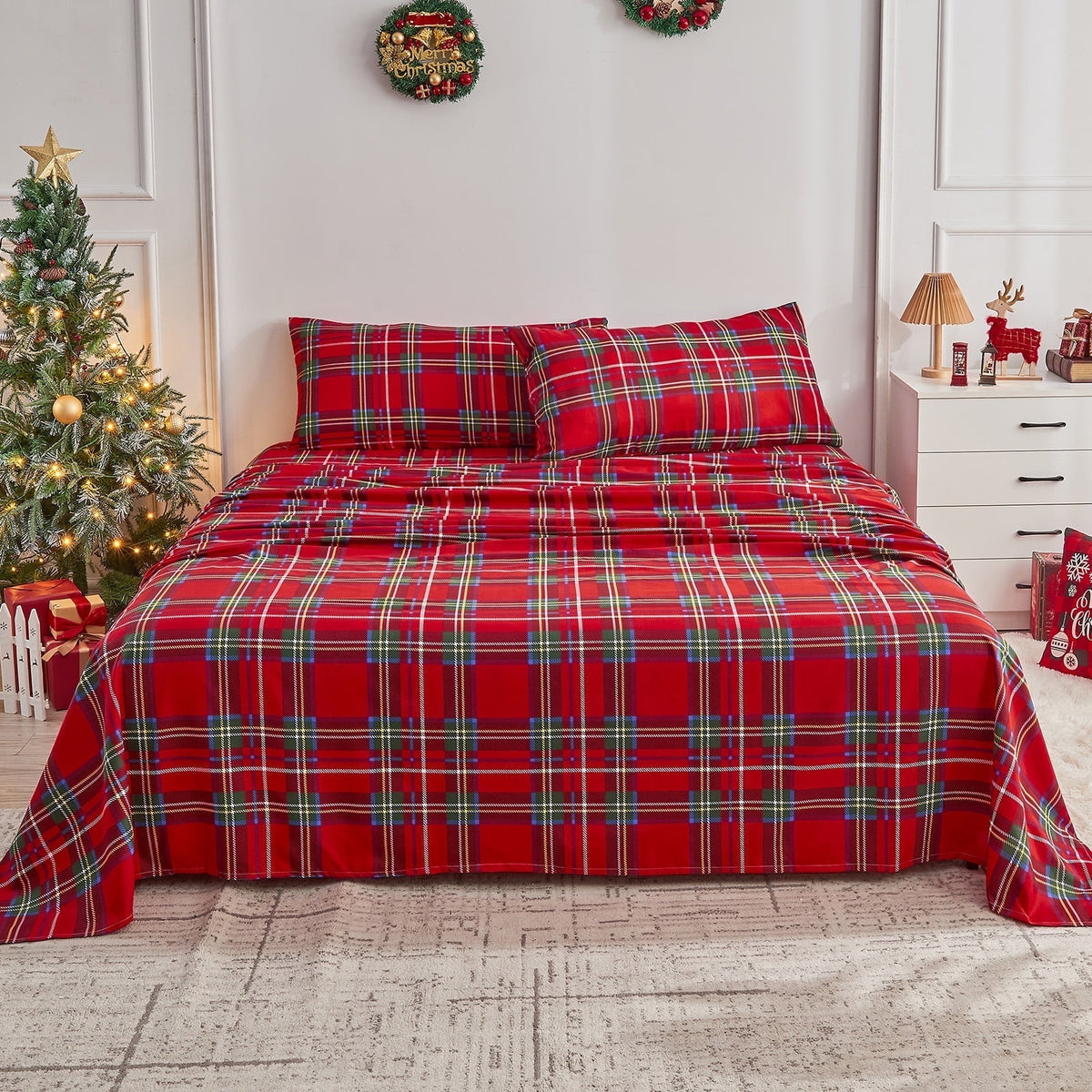Gogreen 3PC Deep Pocket Twin Sheet Set Fit 14, Breathable Microfiber Super Soft Twin Size Sheet Set, Luxury Hotel Style Home Decor Twin Bed Sheet Set, Gift for Women, Men - Red Plaid