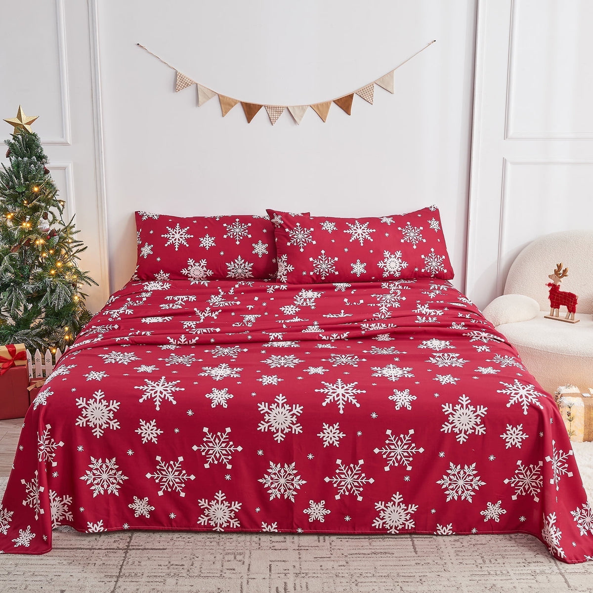 Gogreen 3PC Deep Pocket Twin Sheet Set Fit 15, Breathable Microfiber Super Soft Twin Size Sheet Set, Luxury Hotel Style Home Decor Twin Bed Sheet Set, Gift for Women, Men - Christmas Snowflake