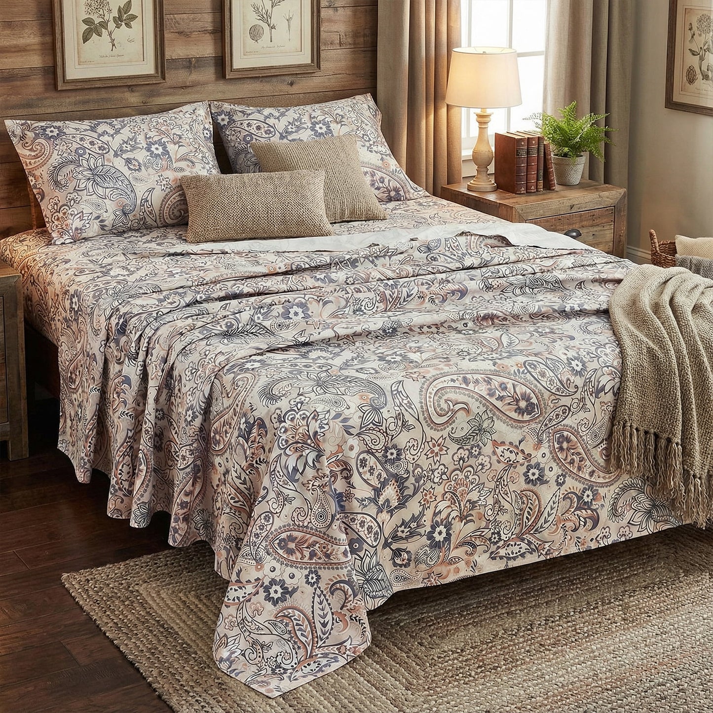 ogreen 4-Piece Paisley Printed Queen Size Deep Pocket Fitted Sheet Set Breathable Microfiber Bedsheet