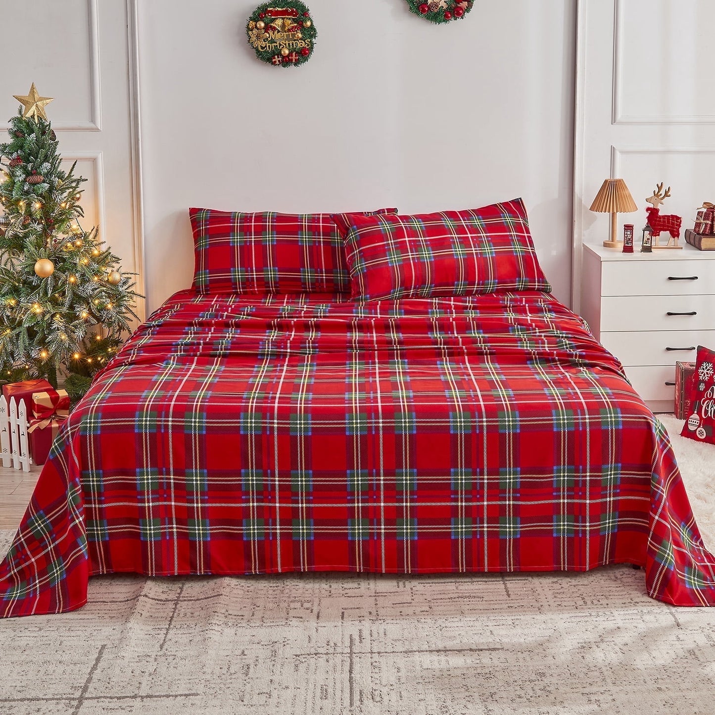 Gogreen 4PC Deep Pocket Full Sheet Set Fit 14, Breathable Microfiber Super Soft Full Size Sheet Set, Luxury Hotel Style Home Decor Full Bed Sheet Set, Gift for Women, Men - Red Plaid
