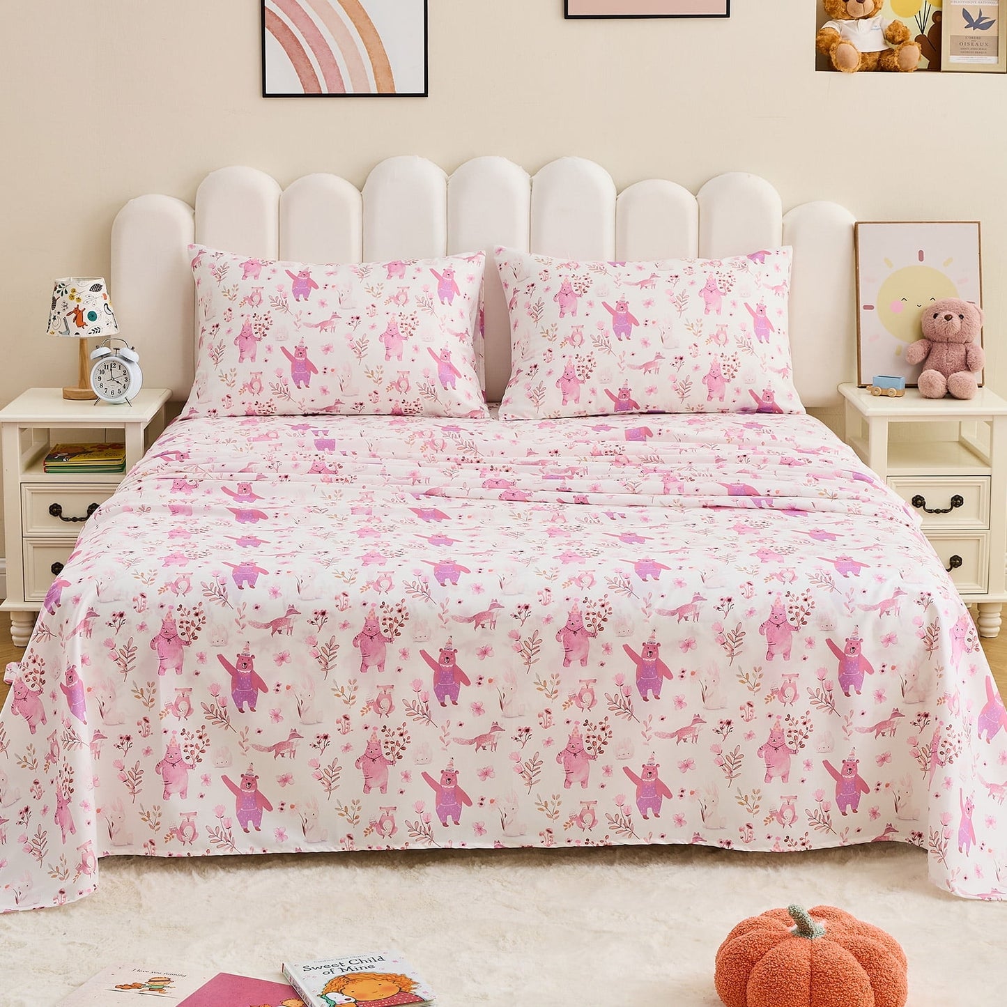 Gogreen 4PC Full Sheet Set Deep Pocket Fit 14, Breathable Microfiber Soft Full Sheet Set Warm Sheets, Luxury Hotel Style Home Decor Full Bed Sheet Set, Gift for Women, Men (Pink Bear, Full)