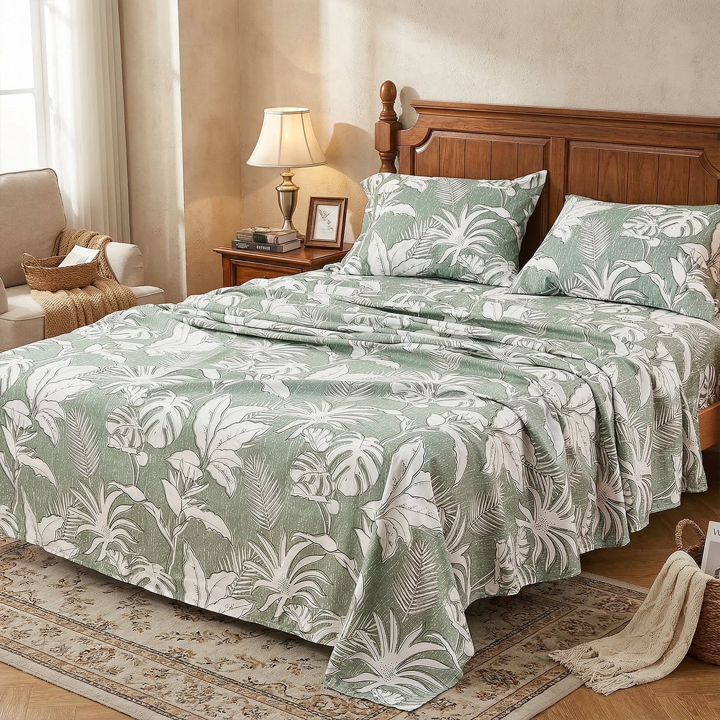 Gogreen Green Floral Sheets Queen size Cooling Fitted Sheet SetFit 16, Breathable Microfiber Printed Pattern Bed Sheets