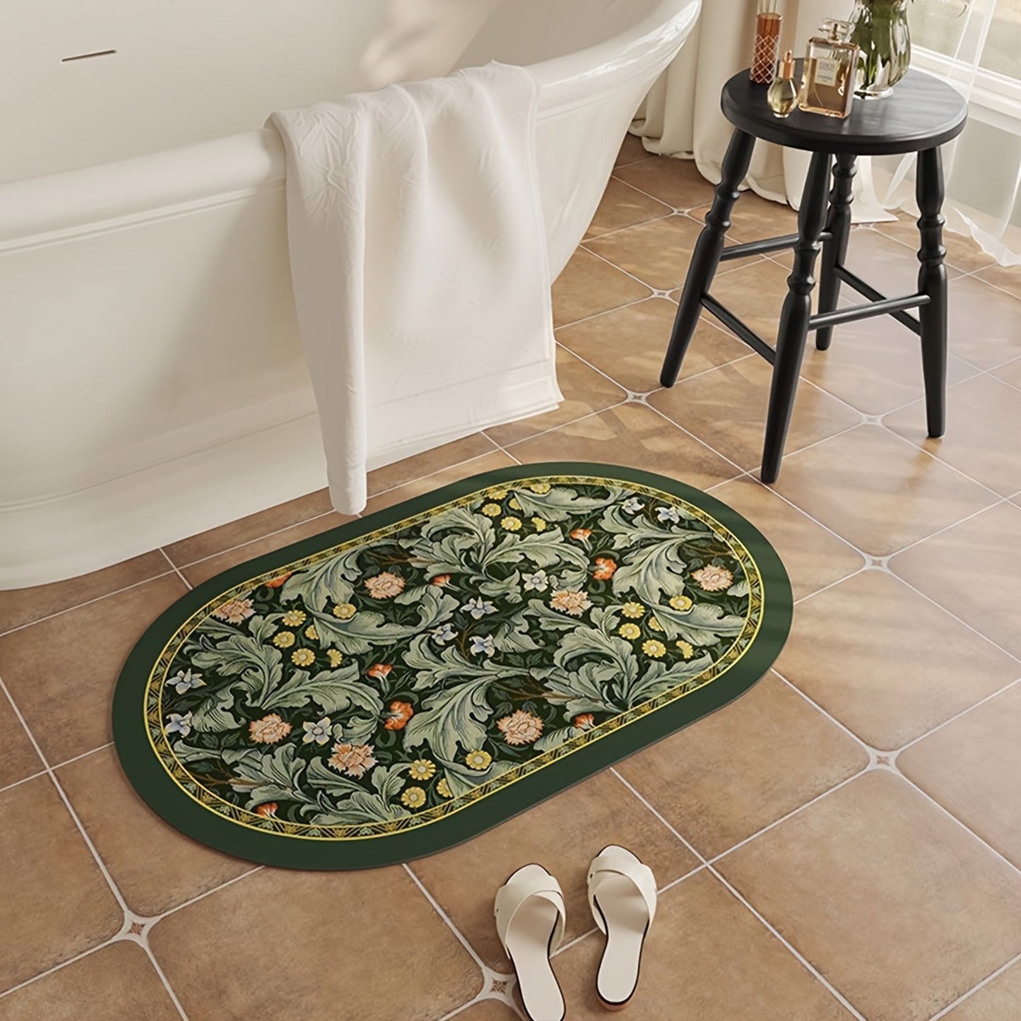 Gogreen Bath Mat - Bathroom Mat Rug Non Slip Super Absorbent Stain Resistant Quick Dry Thin Bathroom Rug-Bath Mats for Bathroom Floor Bathtub Vanity-Bathmat Bath Rug Easy Care (Green Flower, 16x24)