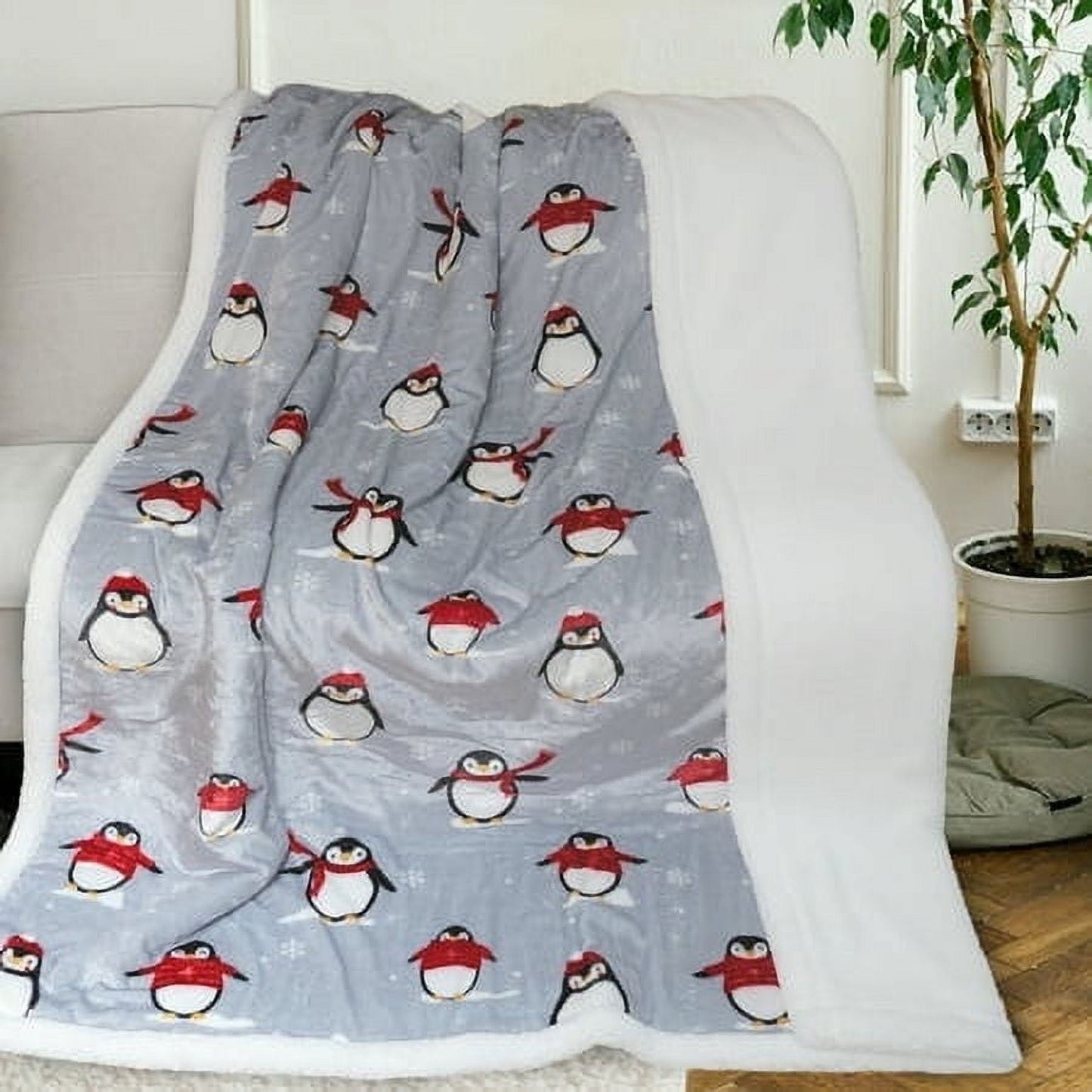 Gogreen Christmas Sherpa Fleece Throw Blanket for Couch Bed Sofa Adults -Soft and Warm Blanket for Winter, Thick and Fuzzy Throw Blanket, Christmas Penguin,90x90 Inches
