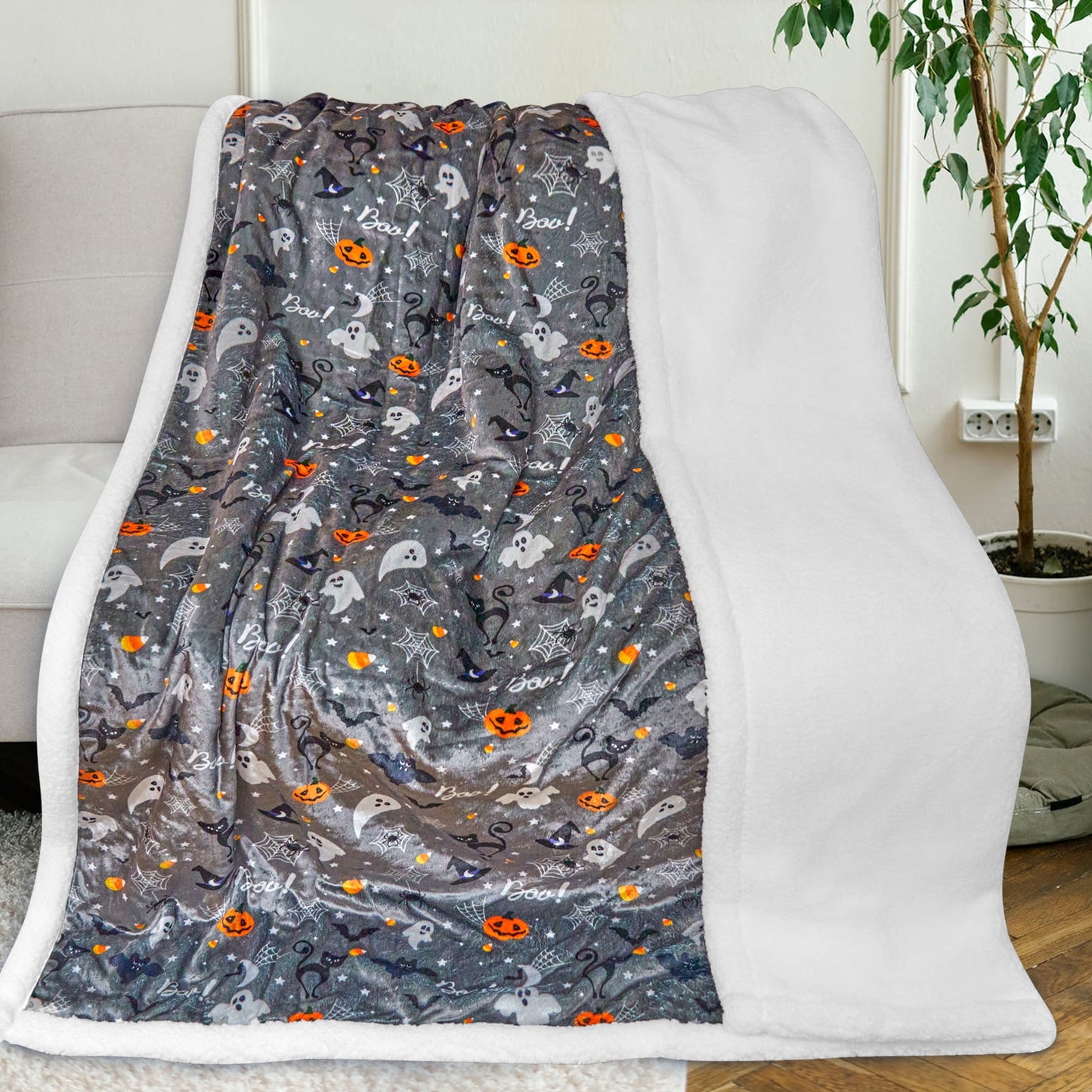 Gogreen Halloween Ghost Sherpa Fleece Throw Blanket Double Layer 220GSM Flannel Blanket & 270GSM Sherpa Blanket - Warm Blanket Thick Blanket Soft Blanket Winter Blankets Throw (50 x 60)