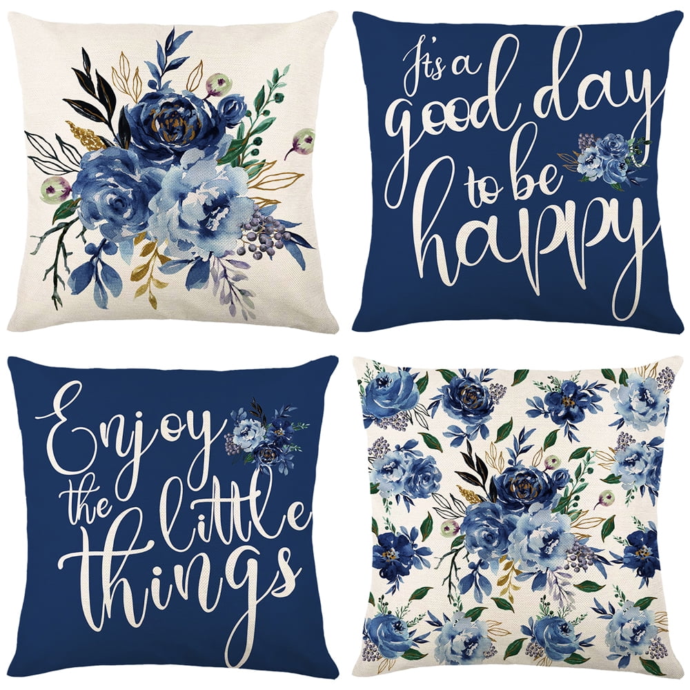 Gogreen Phantoscope New Living Series Duplex Printing Decorative Throw Pillow Covers, 18 x 18, Blue Flower, Set of 4