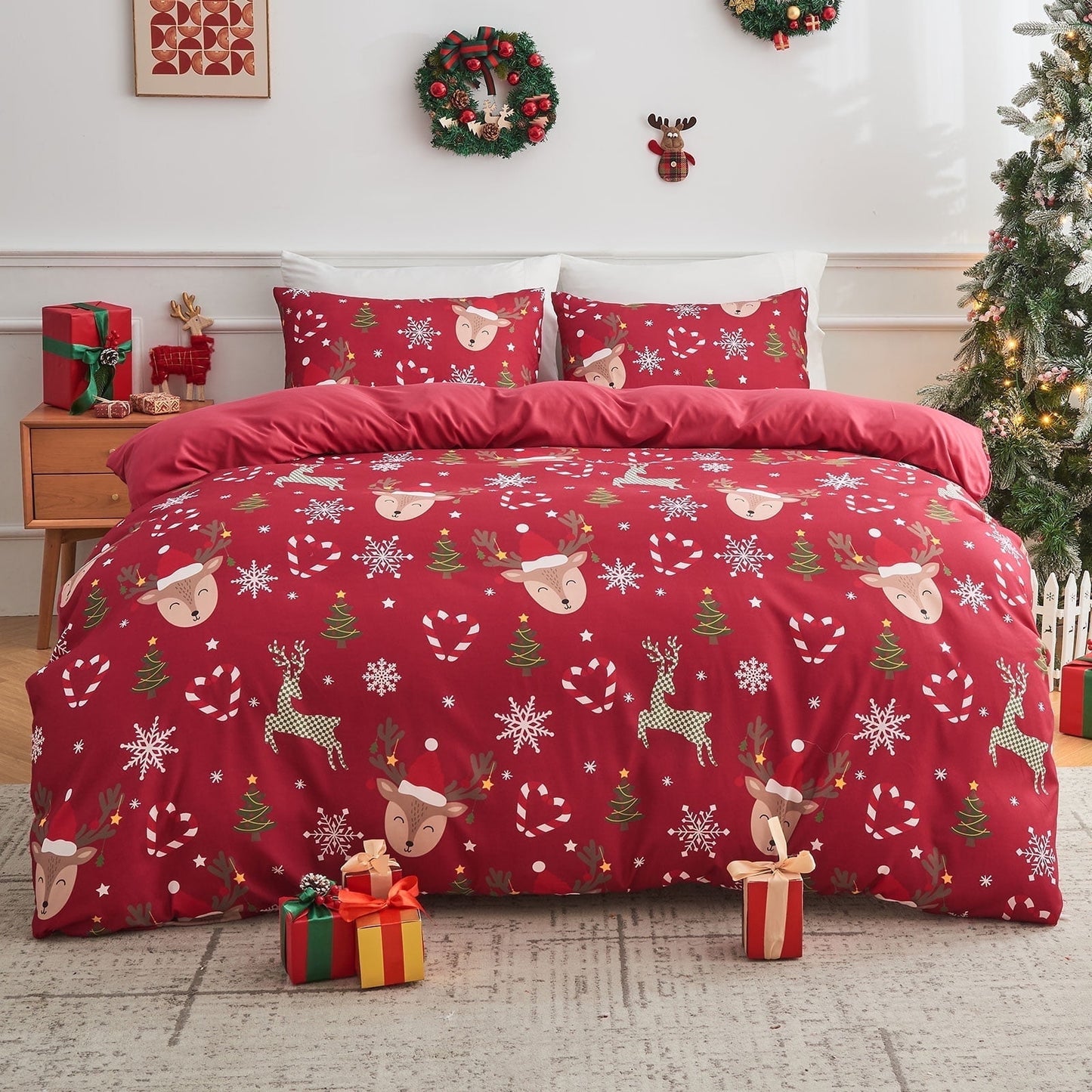 Gogreen King Duvet Cover Floral, Soft & Breathable Microfiber 3 Pieces King Bedding Sets, Pattern King Comfy Duvet Cover, with Zipper Closure (Christmas Elk, King)