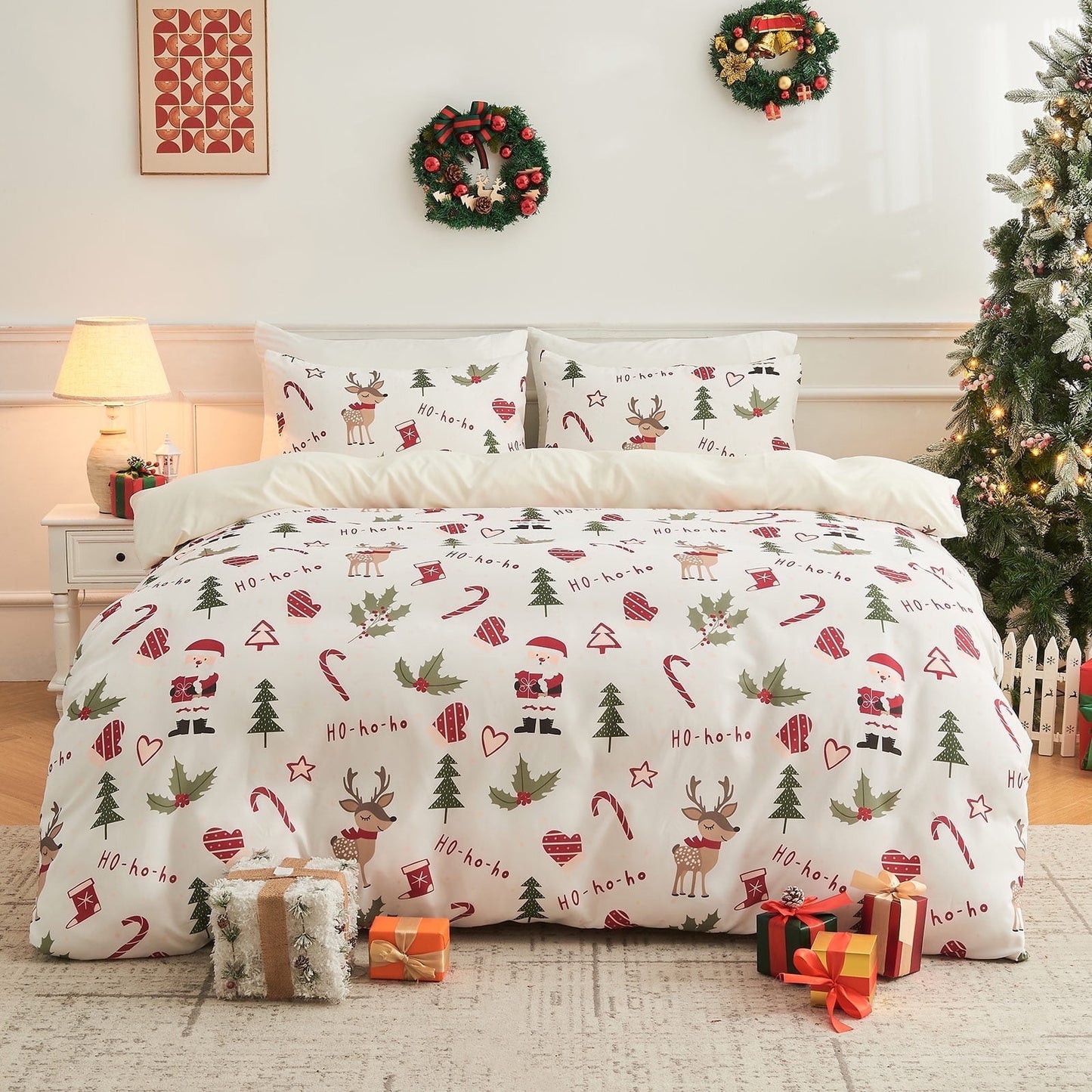 Gogreen King Duvet Cover Floral, Soft & Breathable Microfiber 3 Pieces King Bedding Sets, Pattern King Comfy Duvet Cover, with Zipper Closure (Christmas Santa Claus, King)