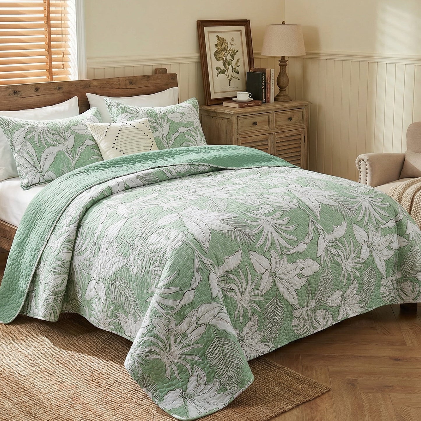 Gogreen Luxury Printed Quilt Set Queen Size, Lightweight Comforter Set, Oversized Bedspread Coverlet Quilted Bedding Set, with 2 Matching Pillowcases, for All Season