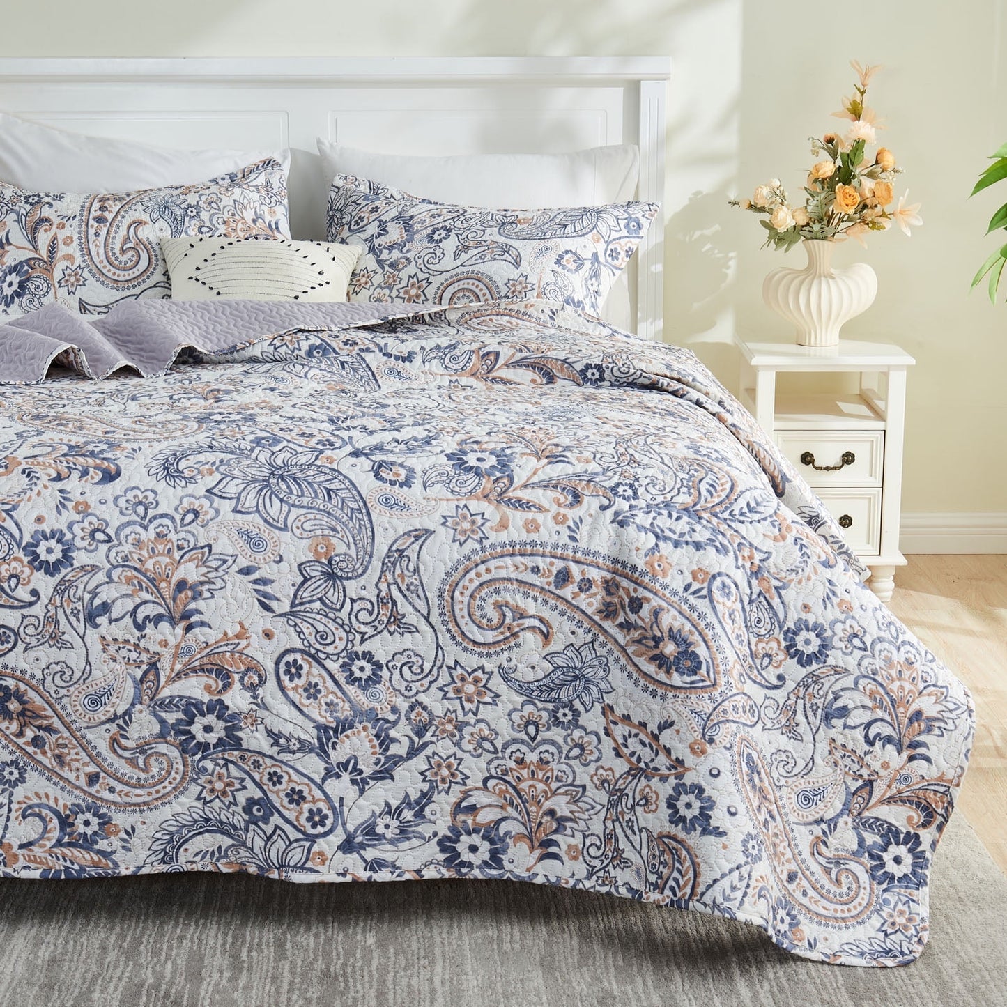 Gogreen Luxury Printed Quilt Set Twin Size, Lightweight Comforter Set, Oversized Bedspread Coverlet Quilted Bedding Set, with 2 Matching Pillowcases, for All Season