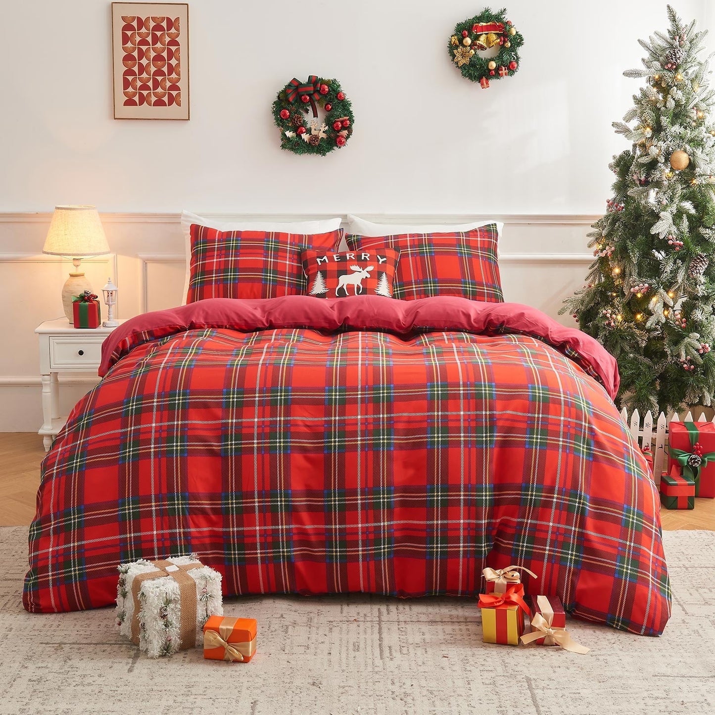 Gogreen Luxury Twin Duvet Cover Floral, Soft & Breathable Microfiber 3 Pieces Twin Bedding Sets, Pattern Twin Comfy Duvet Cover, with Zipper Closure (Red Plaid, Twin)