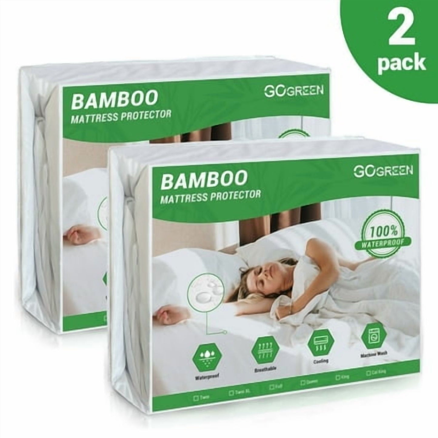 Gogreen Waterproof Mattress Protector (2 Packs), Breathable Cooling Bed Mattress Cover with Deep Pocket Plastic Mattress Protector Fitted 6-15 (Bamboo Jersey, California King 72x84)