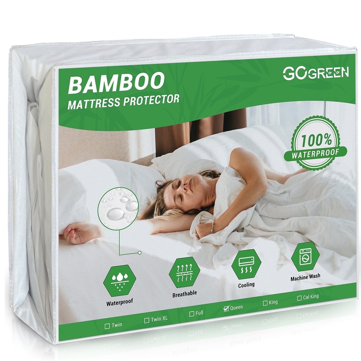 Gogreen Waterproof Mattress Protector Bed Bug Mattress Cover Queen Size Bed, Cooling Queen Bed Mattress Protector, Plastic Queen Size Mattress Covers with Deep Pocket Fitted 6-16 (Bamboo,White)