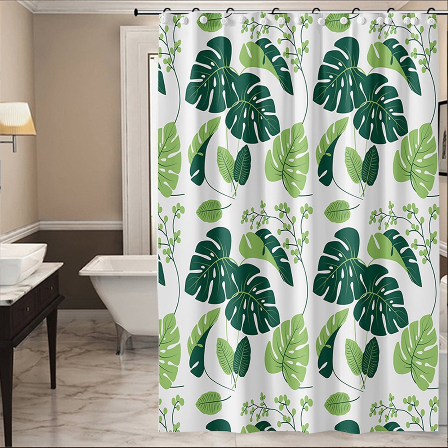 Hitime Bathroom Shower Curtain - Waterproof Plastic Shower Curtain Premium PEVA Non-Toxic with Rust Proof Grommets Clear 8G Heavy Duty Bathroom Accessories (Huge Green Leaves, 72x72)