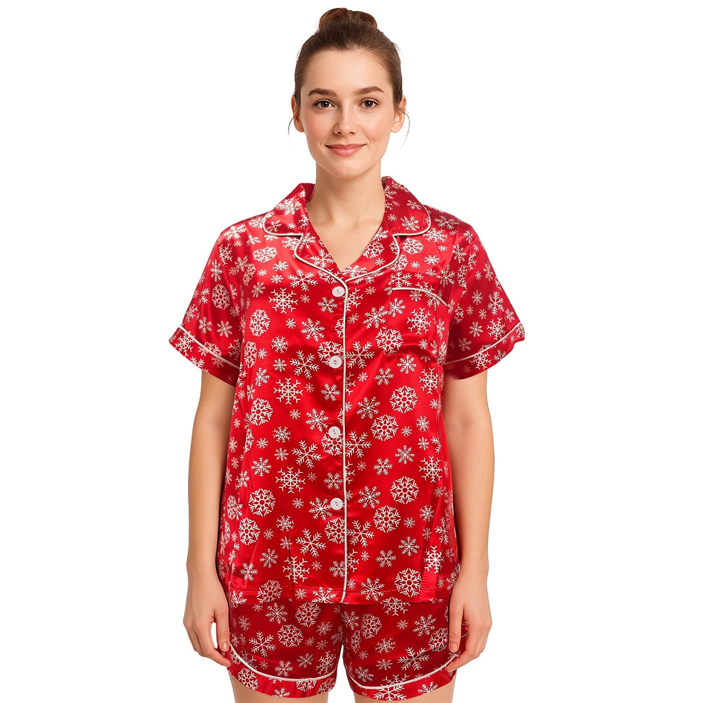 Hitime Christmas Silk Satin Womens Pajamas Set Button Down Silk Sleepwear Short Sleeve Breathable Nightwear Loungewear Set, Size L