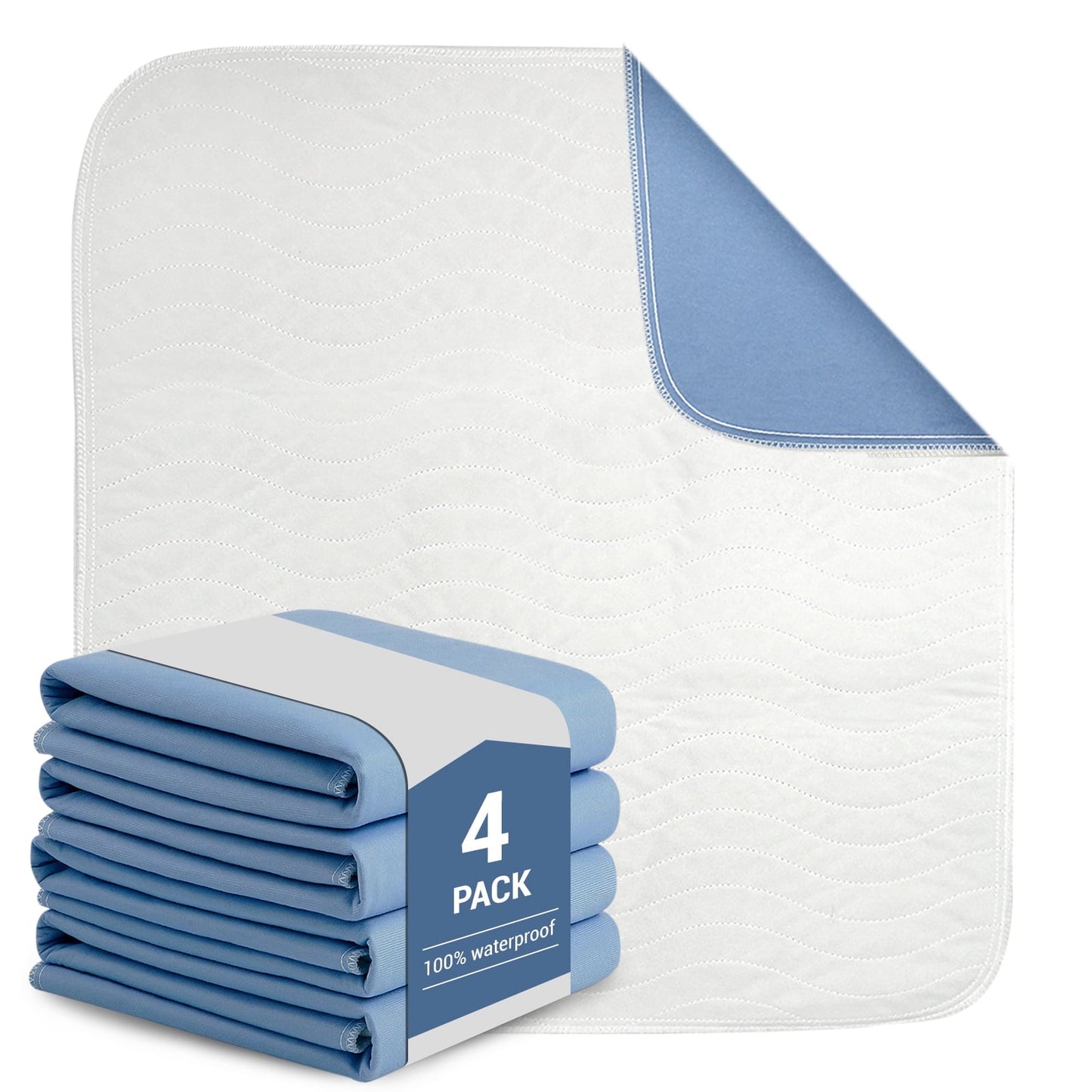 Hitime Heavy Absorbency Quilted Waterproof Underpads for Bedwetting Incontinence 4-Layer Washable Pads Size 18x24 4 Pack