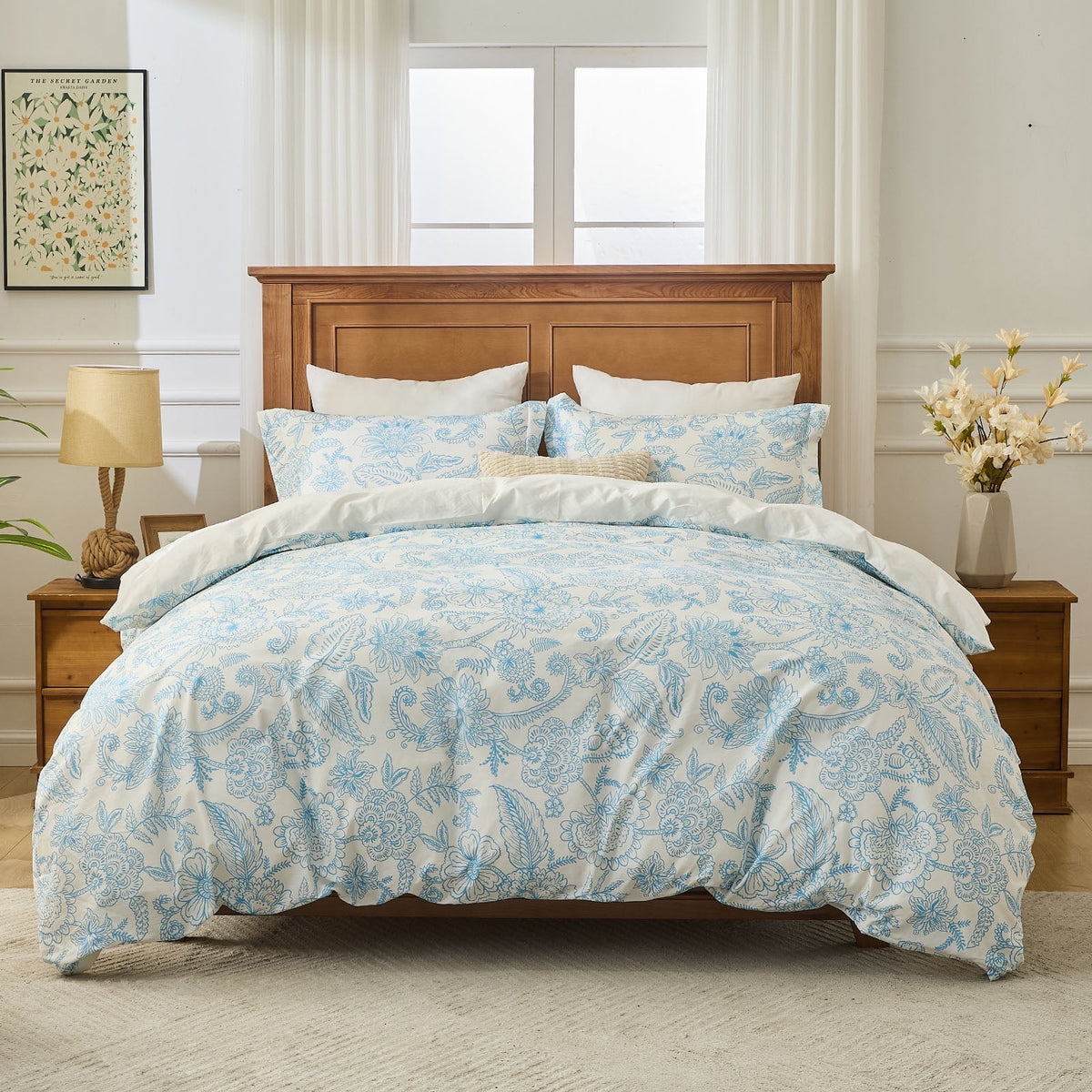 Kingrest Luxury King Duvet Cover Set Floral Printed Soft & Breathable 100% Organic Cotton 3 Pieces King Bedding Sets, Pattern King Comfy Duvet Cover Set, with Zipper Closure