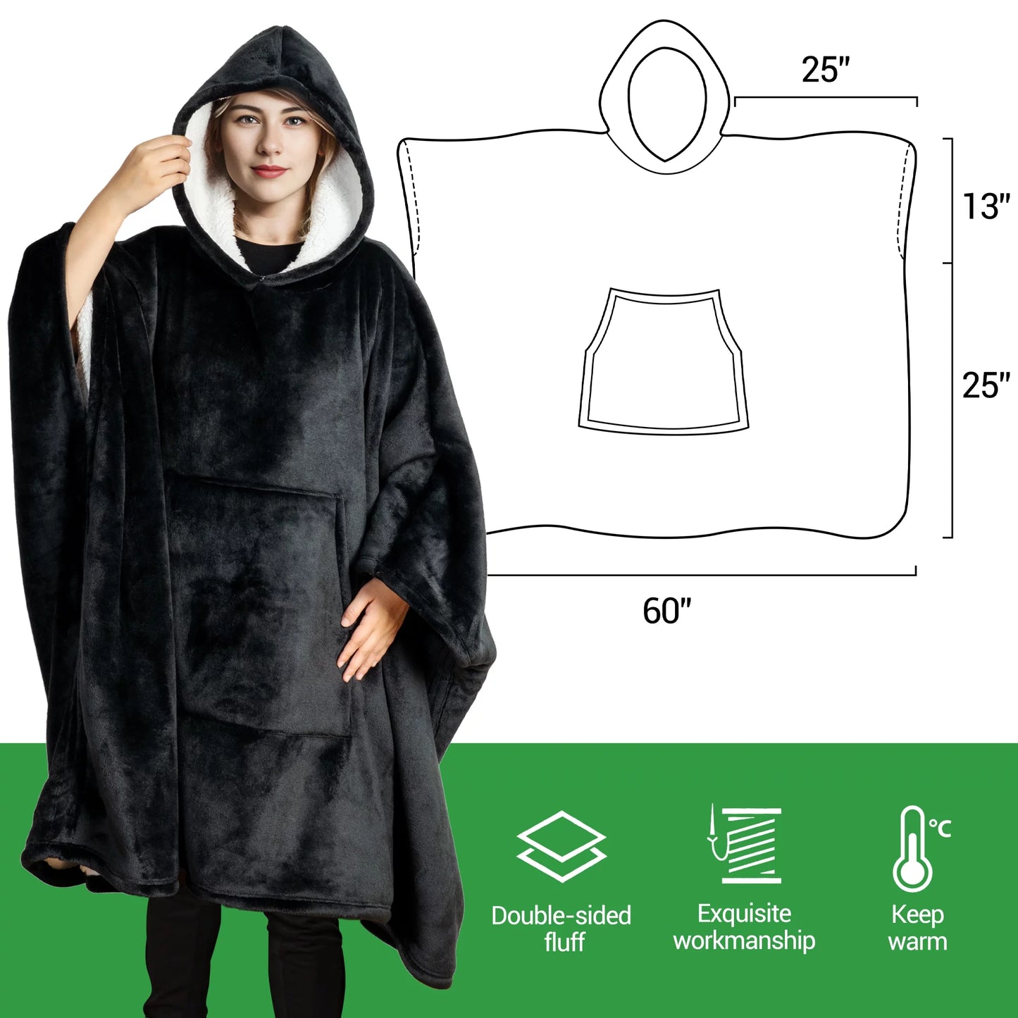 GOGREEN Original | Oversized Wearable Blanket Hoodie, Thick Sherpa Fleece Sweatshirt Hooded Blanket with Giant Hood Kangroo Pocket for Adults Women Men, One Size Fits All