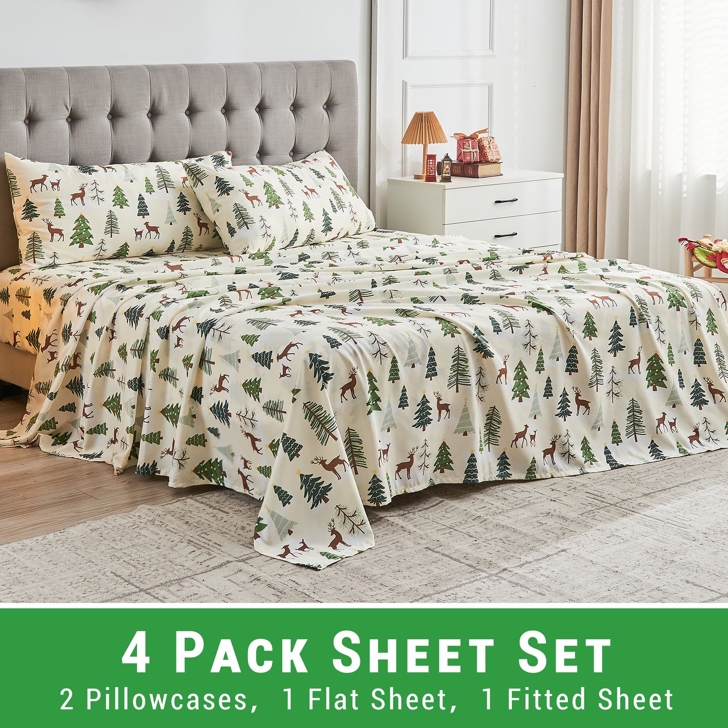 Gogreen 4 Pieces Printed Sheet Set Deep Pocket Fit 14", Breathable Microfiber Super Soft Sheet Set Cooling Sheets, Luxury Hotel Style Home Decor Bed Sheet Set, Gift for Women, Men