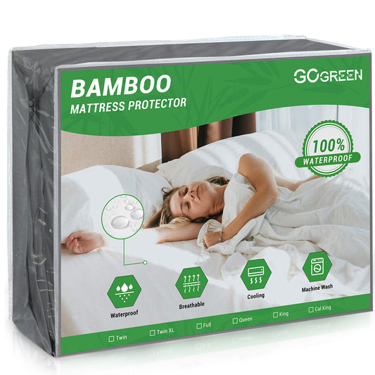 Gogreen Waterproof Mattress Protector, Breathable Cooling Bed Mattress Cover with Deep Pocket Plastic Mattress Protector Fitted 6"-14" - Bamboo Jersey - Dark Gray