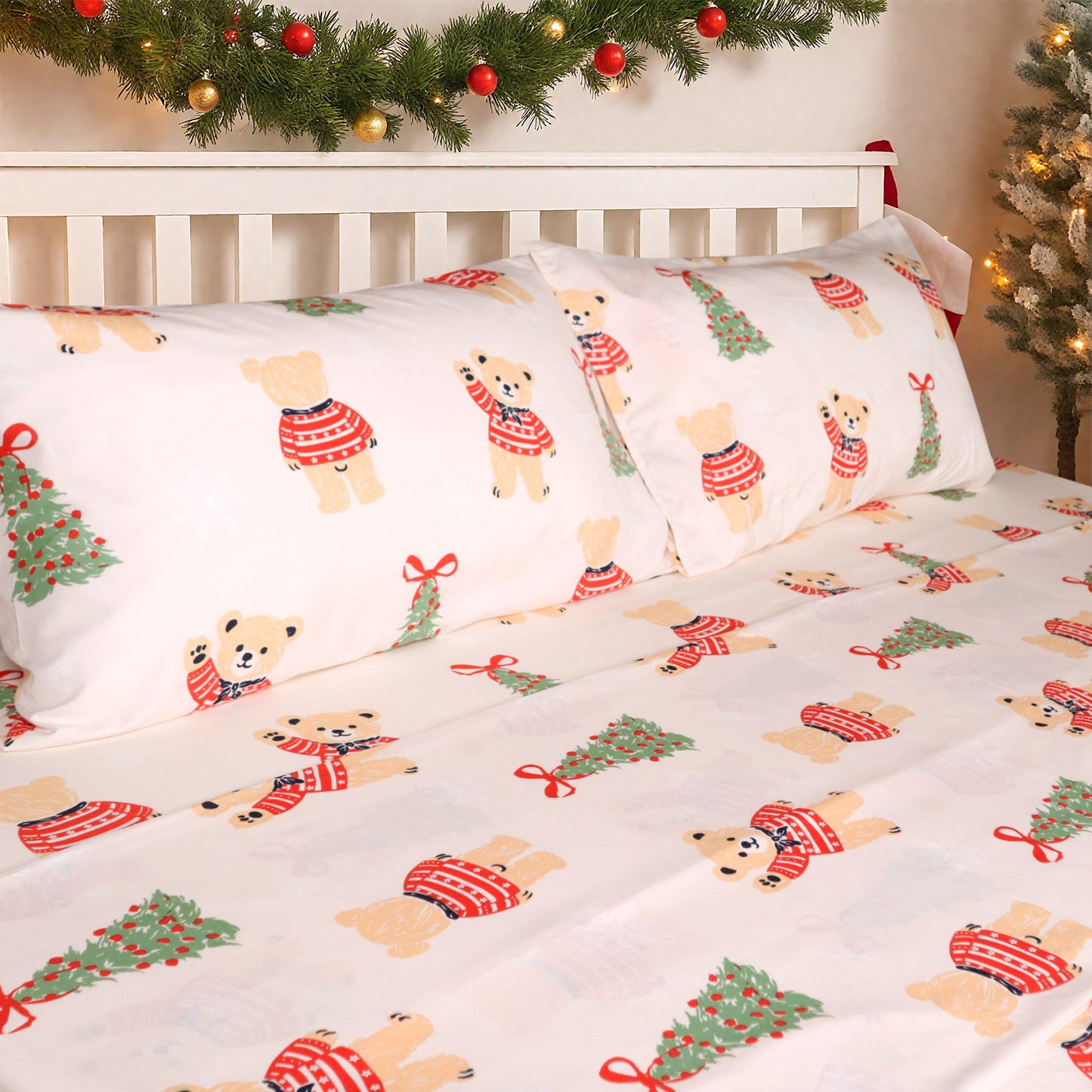 Gogreen 2025 Christmas 4 Pieces Printed Sheet Set Deep Pocket Fit 16", Breathable Microfiber Super Soft Sheet Set Cooling Sheets