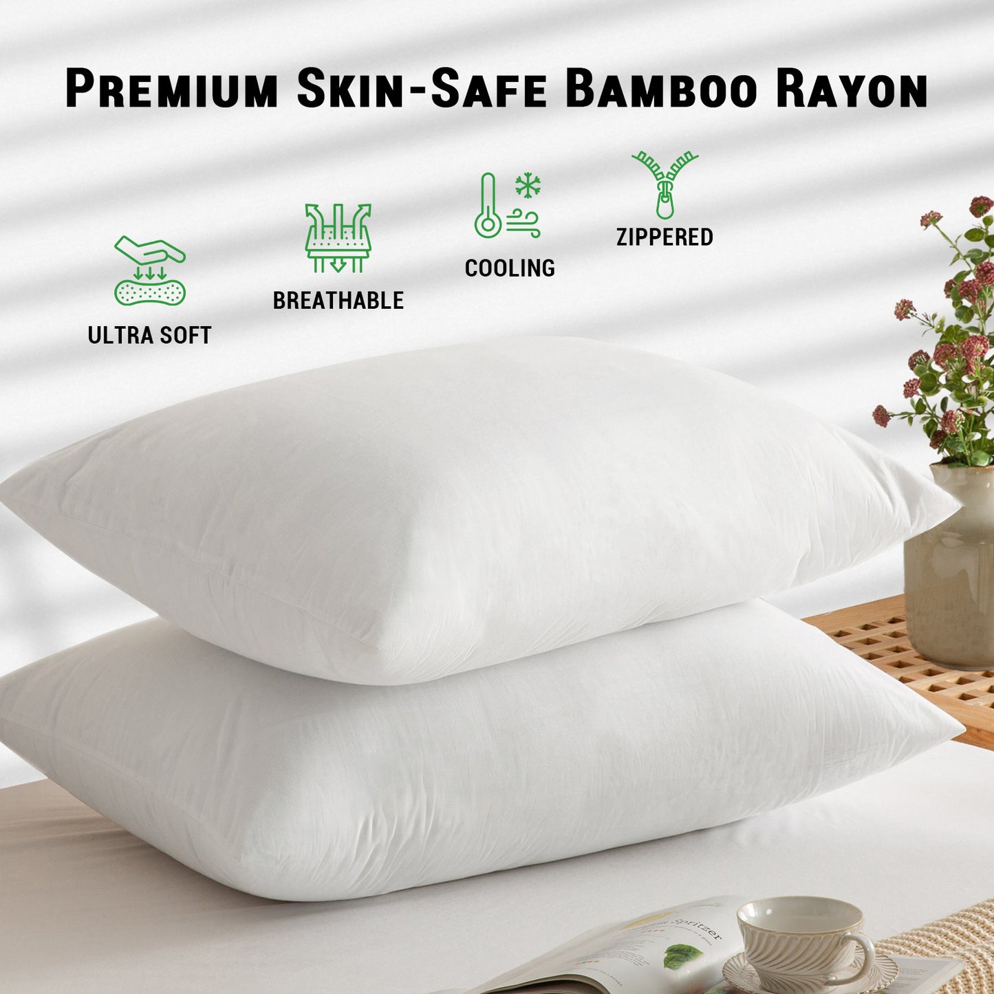 GOGREEN Waterproof Pillow Protectors with Zipper, Cooling Bamboo Zippered Pillow Case Protector, Bed Bedbugs Pillow Case Cover Prevent Dust Mites and Allergens (Pack of 2)