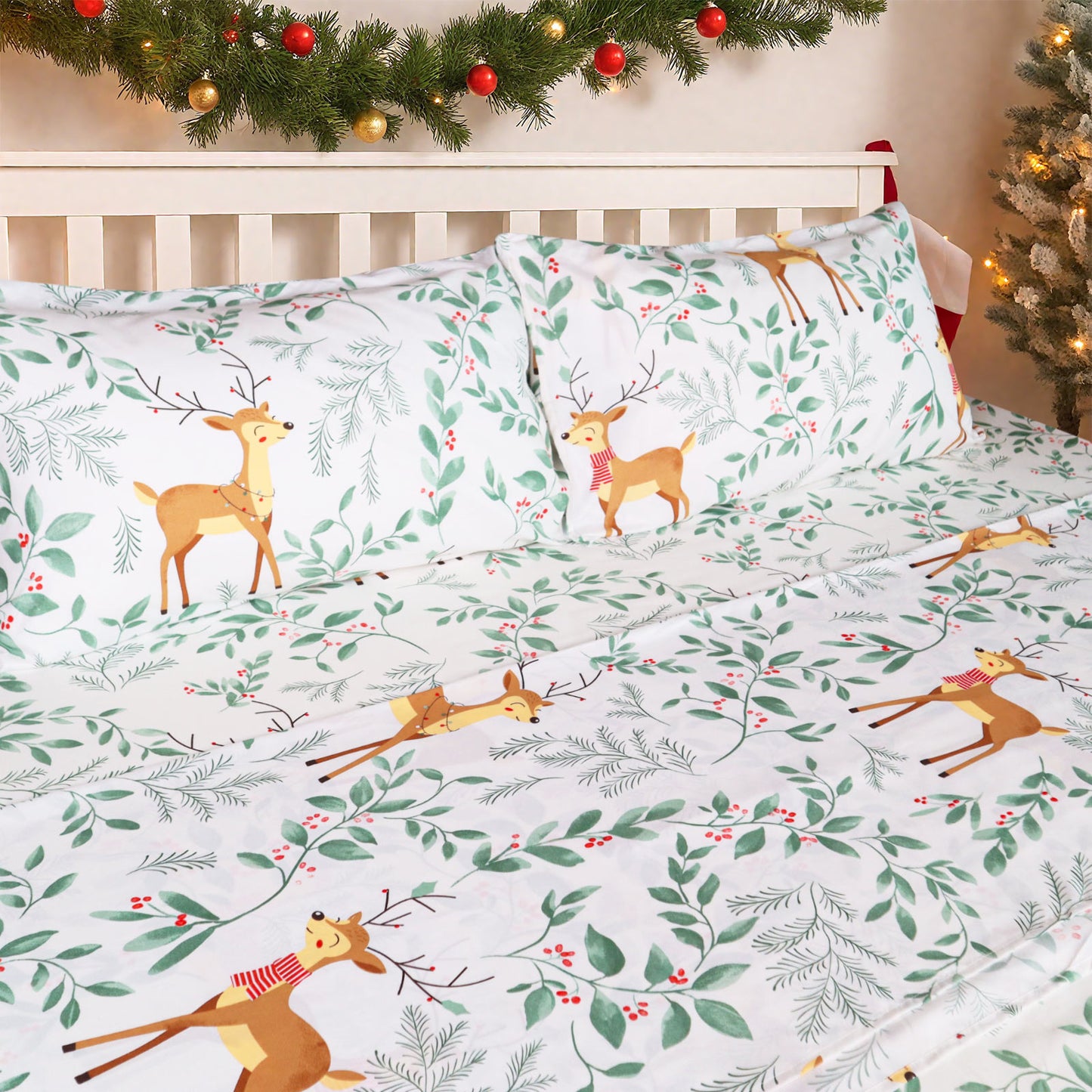 Gogreen 2025 Christmas 4 Pieces Printed Sheet Set Deep Pocket Fit 16", Breathable Microfiber Super Soft Sheet Set Cooling Sheets
