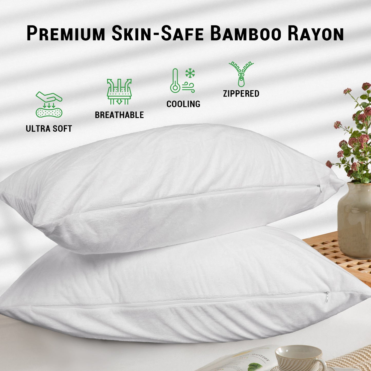 GOGREEN Waterproof Pillow Protectors with Zipper, Cooling Bamboo Zippered Pillow Case Protector, Bed Bedbugs Pillow Case Cover Prevent Dust Mites and Allergens