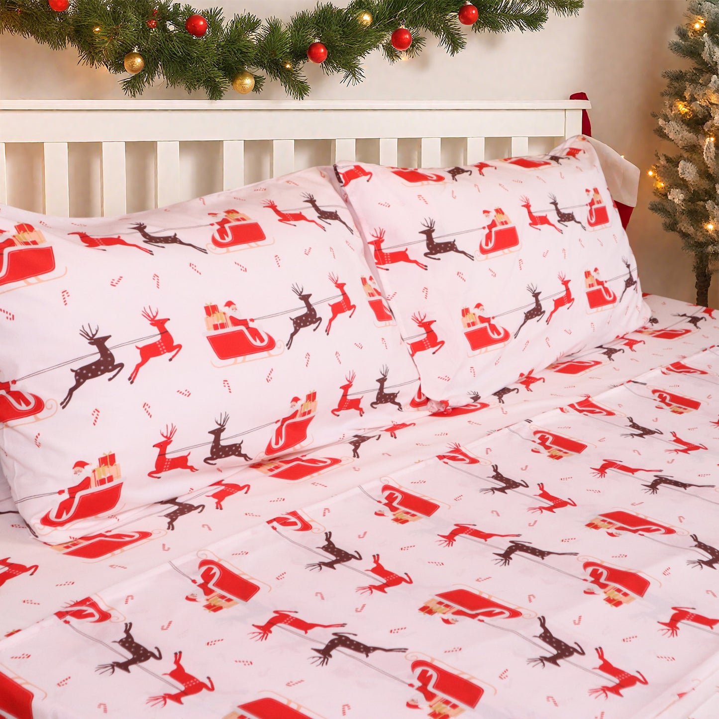 Gogreen 2025 Christmas 4 Pieces Printed Sheet Set Deep Pocket Fit 16", Breathable Microfiber Super Soft Sheet Set Cooling Sheets