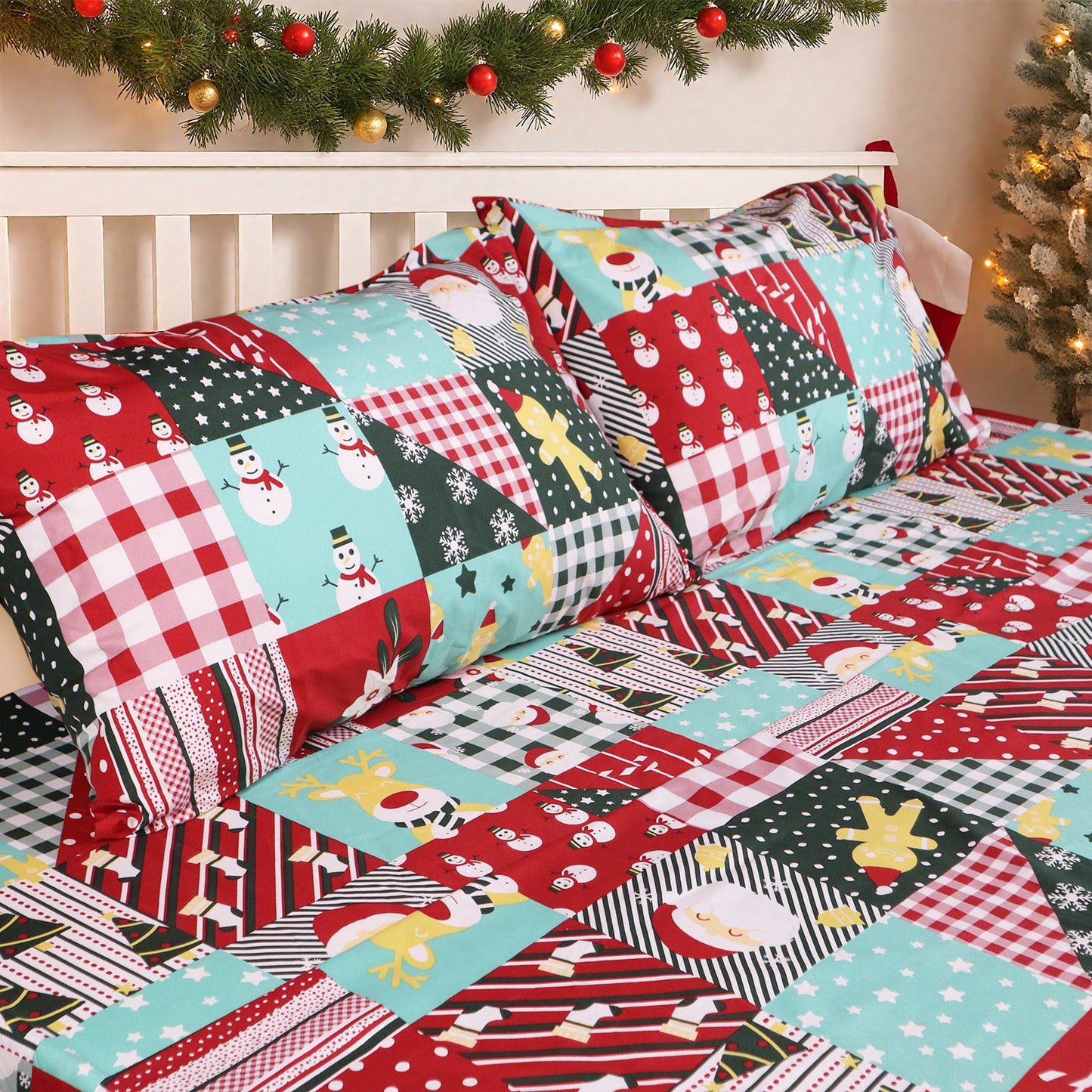 Gogreen 2025 Christmas 4 Pieces Printed Sheet Set Deep Pocket Fit 16", Breathable Microfiber Super Soft Sheet Set Cooling Sheets