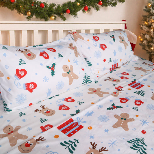 Gogreen 2025 Christmas 4 Pieces Printed Sheet Set Deep Pocket Fit 16", Breathable Microfiber Super Soft Sheet Set Cooling Sheets
