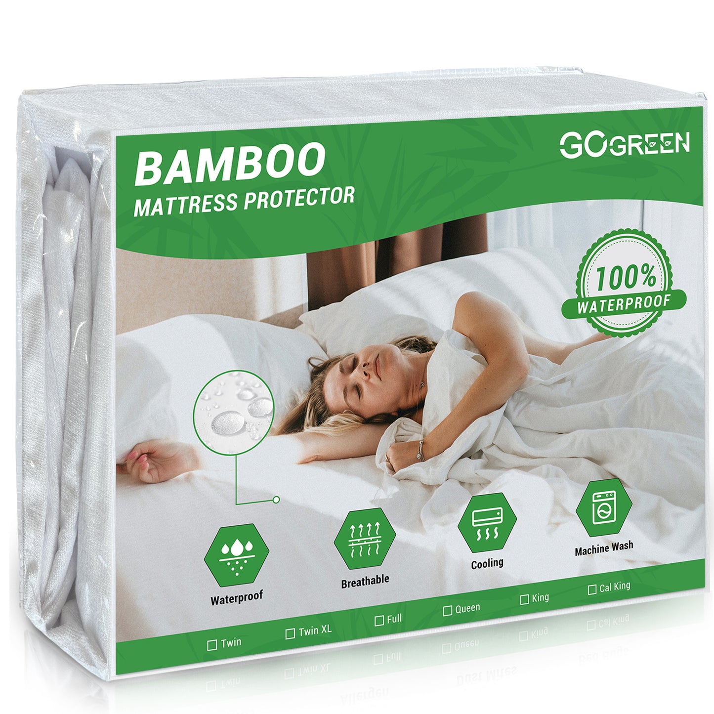 Gogreen Waterproof Mattress Protector, Breathable Cooling Bed Mattress Cover with Deep Pocket Plastic Mattress Protector Fitted 6"-16" - Bamboo Terry