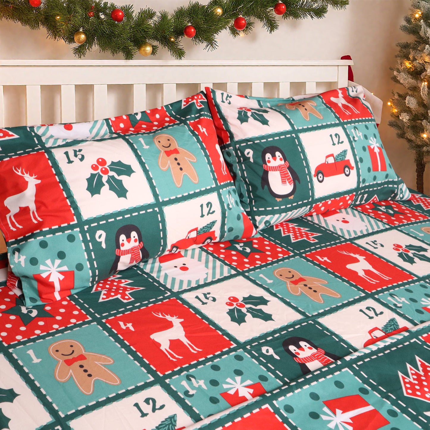 Gogreen 2025 Christmas 4 Pieces Printed Sheet Set Deep Pocket Fit 16", Breathable Microfiber Super Soft Sheet Set Cooling Sheets