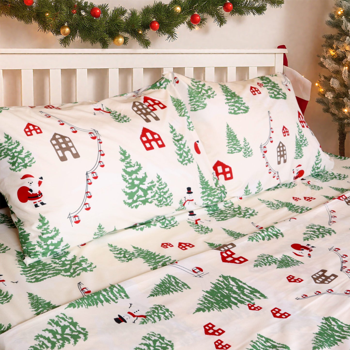 Gogreen 2025 Christmas 4 Pieces Printed Sheet Set Deep Pocket Fit 16", Breathable Microfiber Super Soft Sheet Set Cooling Sheets