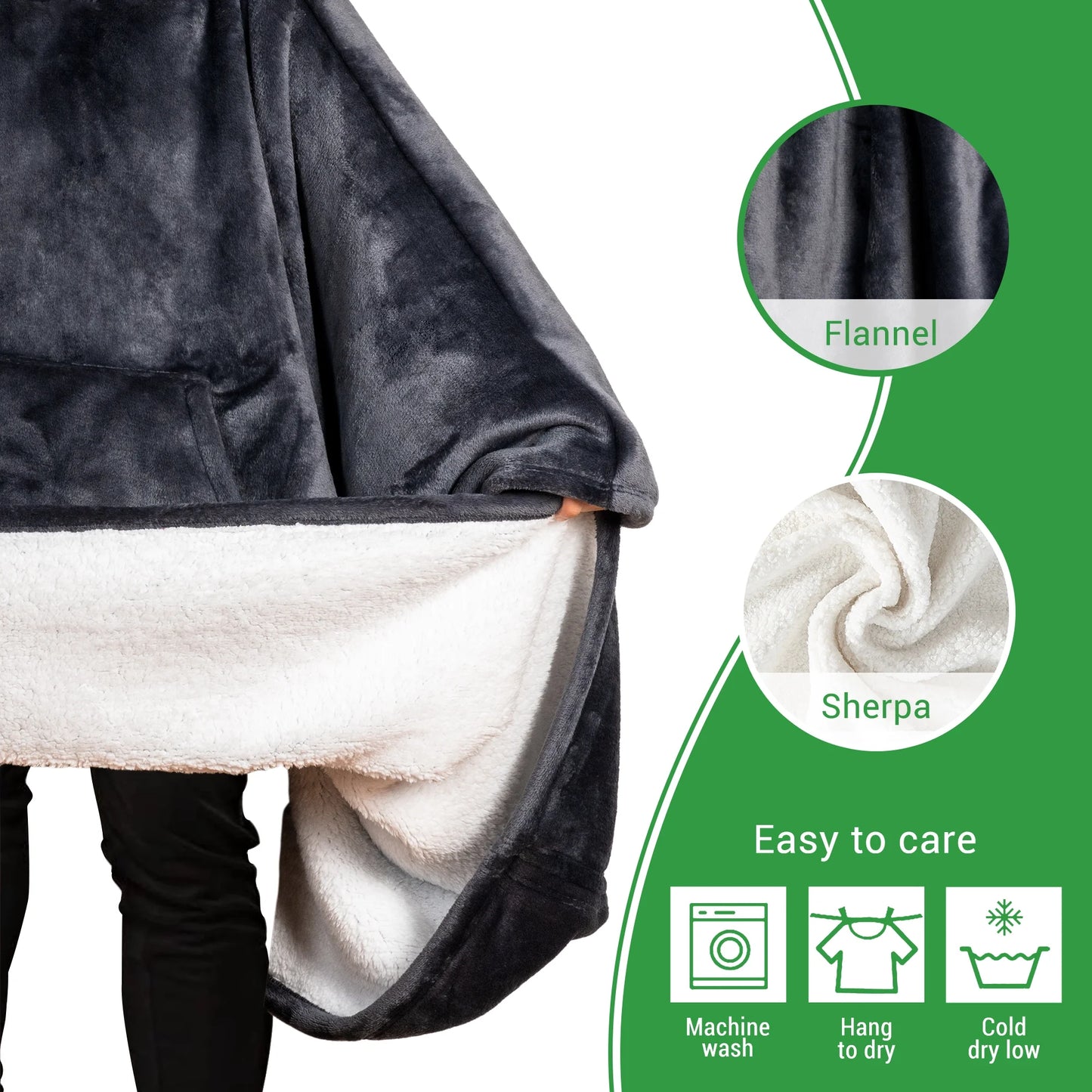 GOGREEN Original | Oversized Wearable Blanket Hoodie, Thick Sherpa Fleece Sweatshirt Hooded Blanket with Giant Hood Kangroo Pocket for Adults Women Men, One Size Fits All