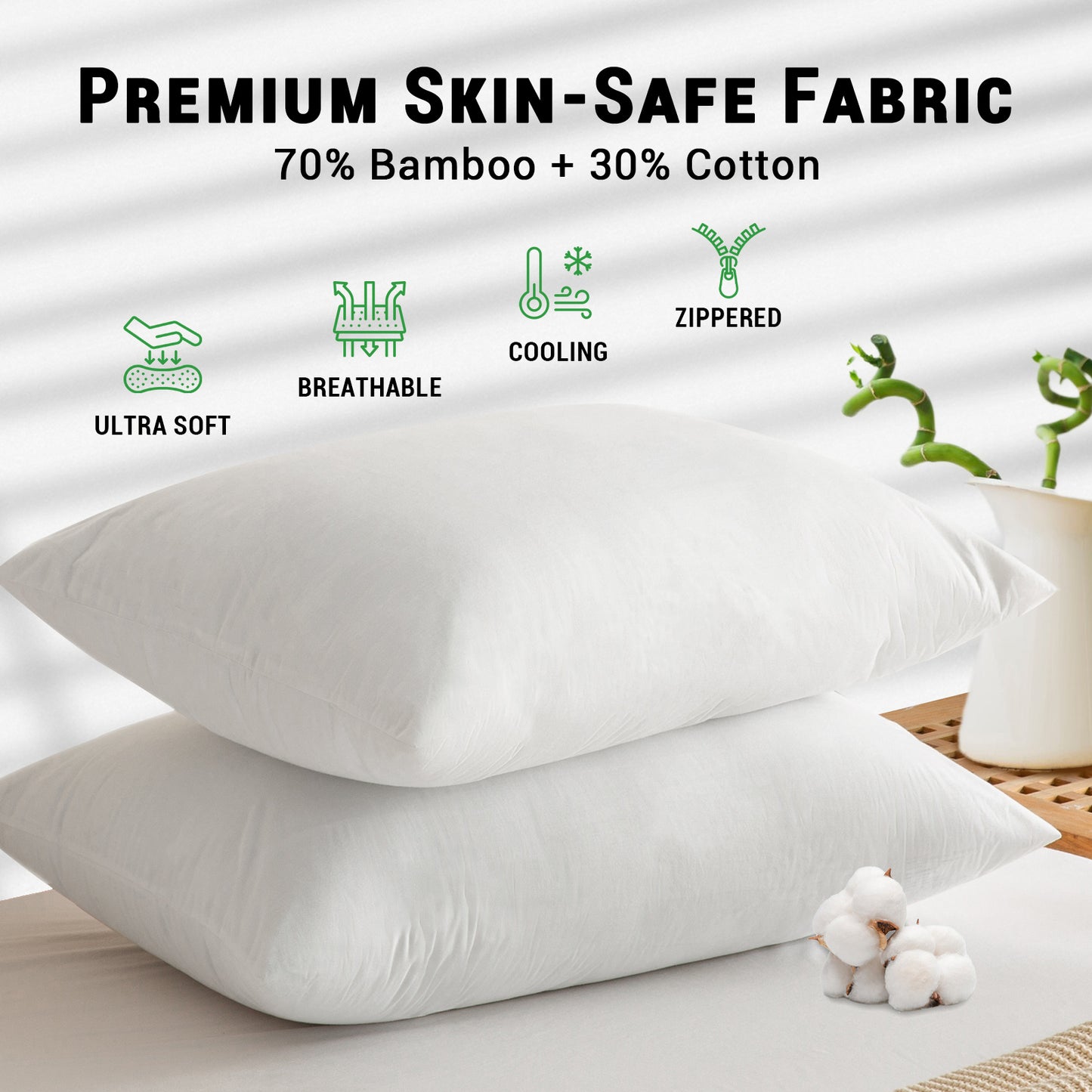 GOGREEN Bamboo Cotton Waterproof Pillow Protector, Breathable Pillow Cover, Cooling Pillow Case Protector with Zipper, Super Soft Pillow Case Cover with Zipper (2 Packs, White)