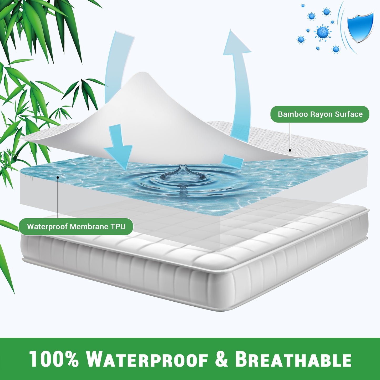 GOGREEN Bamboo 3D Air Fiber Waterproof Mattress Protector, Stretchable Mattress Protector Fit up to 16", Super Soft Mattress Cover Bed Cooling 3D Air Mattress Protector, Breathable Bed Cover White