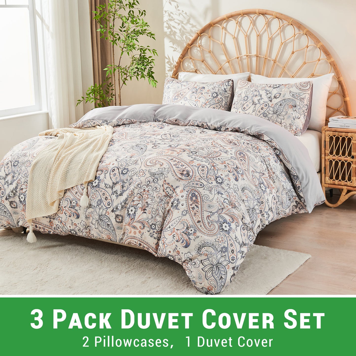 Gogreen Luxury Queen Duvet Cover Floral, Soft & Breathable Microfiber 3 Pieces Queen Bedding Sets, Pattern Queen Comfy Duvet Cover, with Zipper Closure